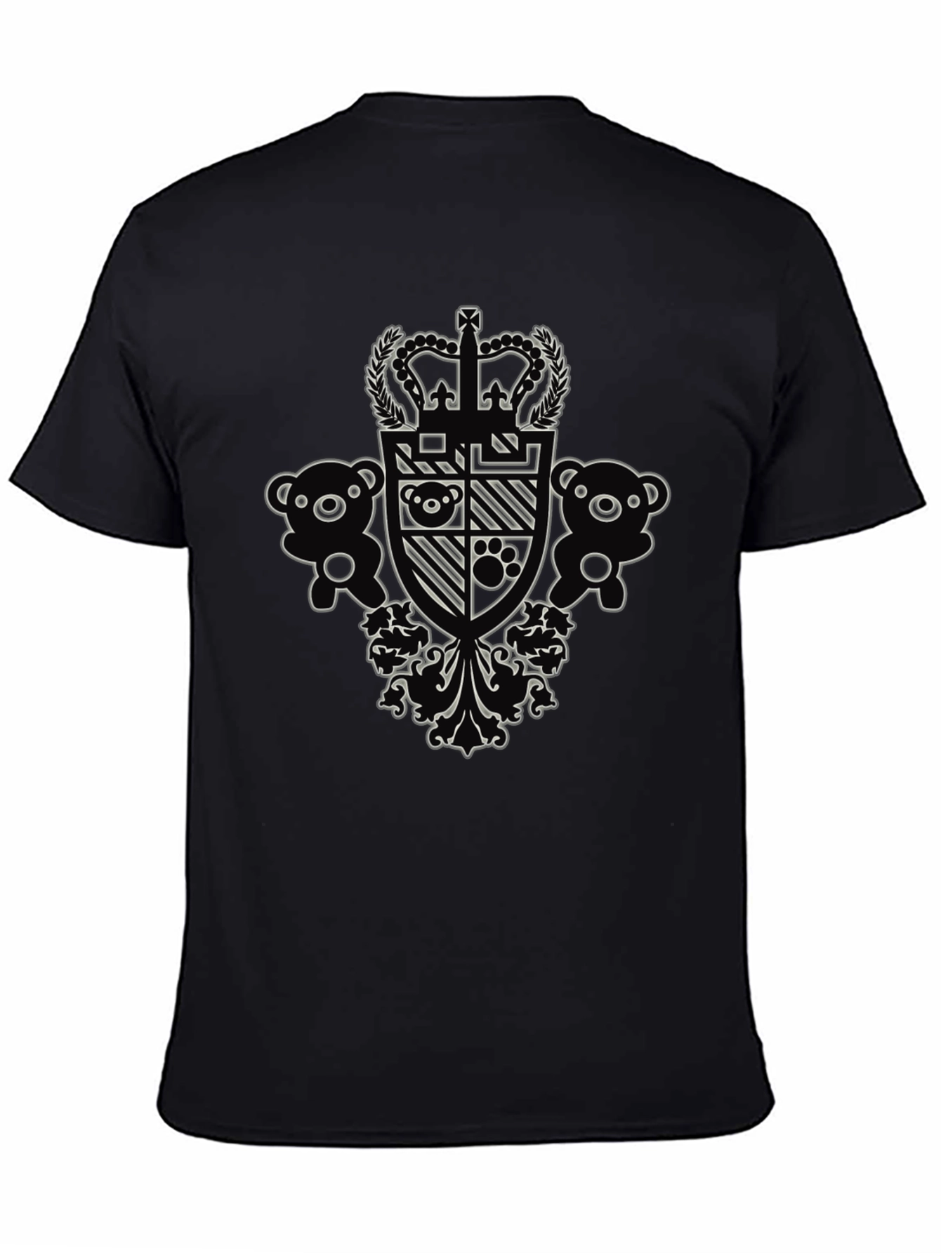 Black Graphic Tee with Crown and Teddy Bear Design