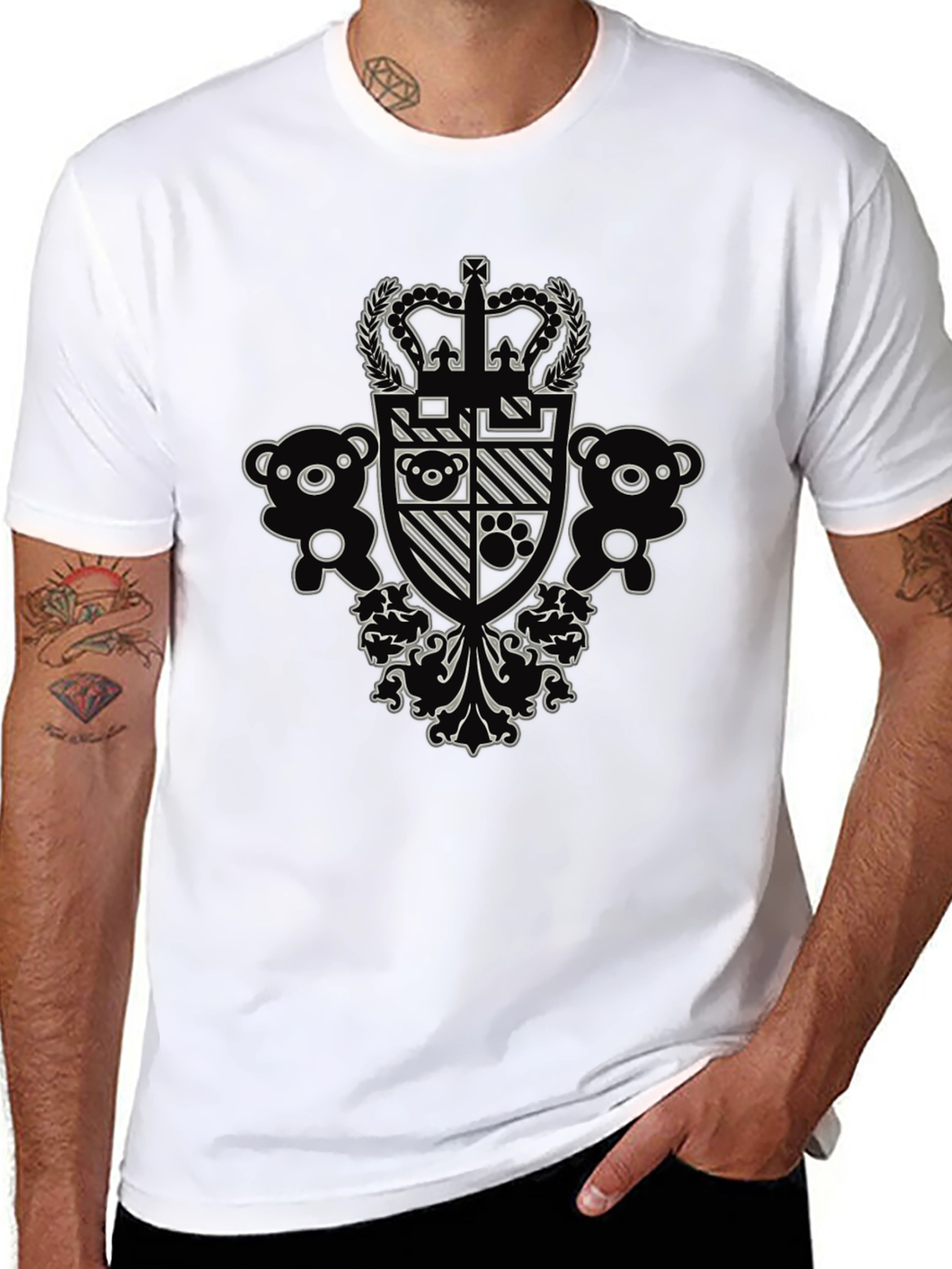 Black Graphic Tee with Crown and Teddy Bear Design