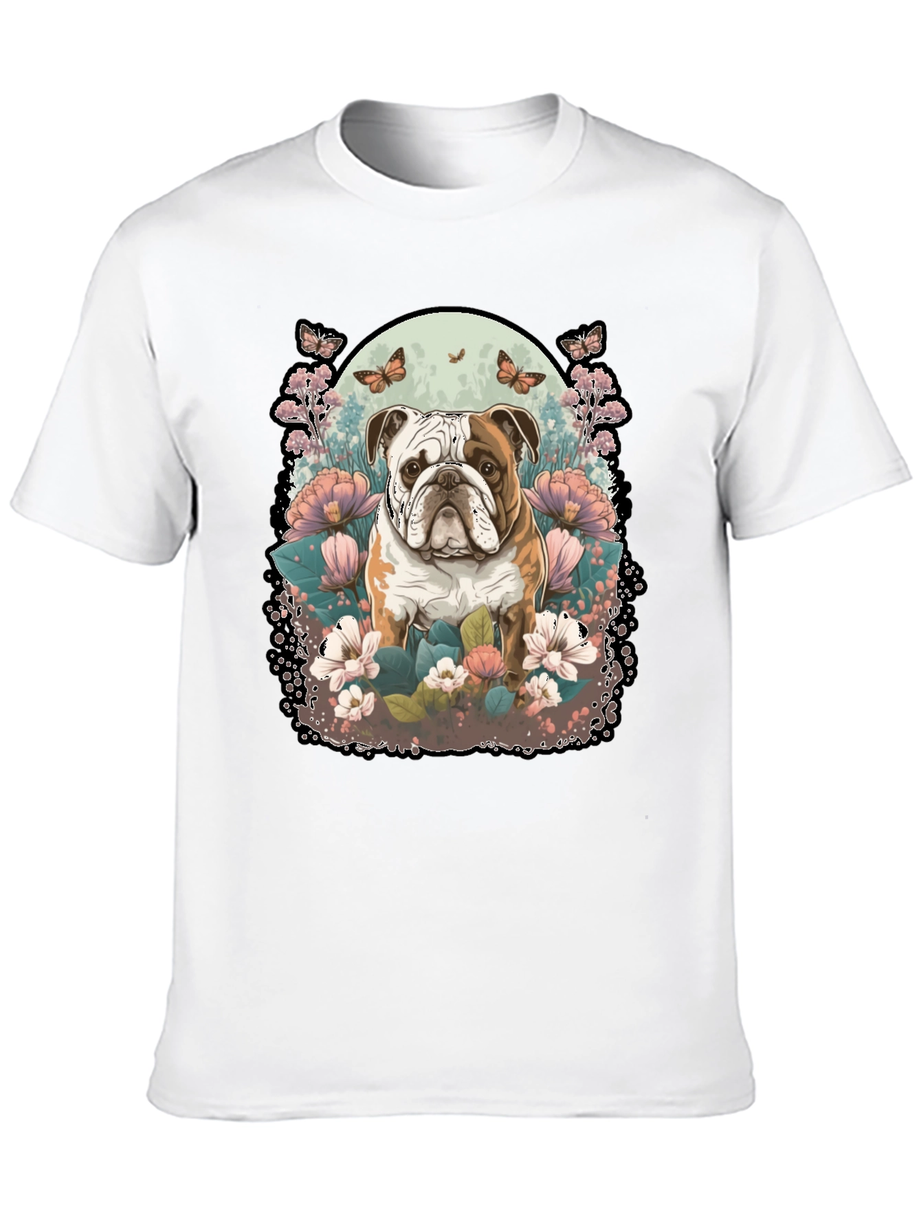 Bulldog & Floral Graphic Black T-Shirt