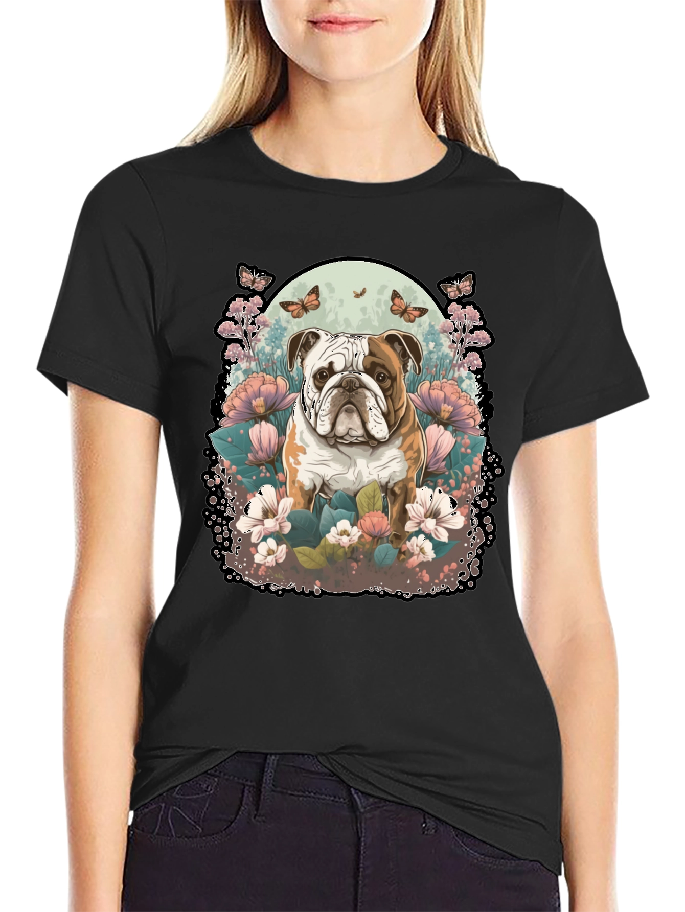 Bulldog & Floral Graphic Black T-Shirt