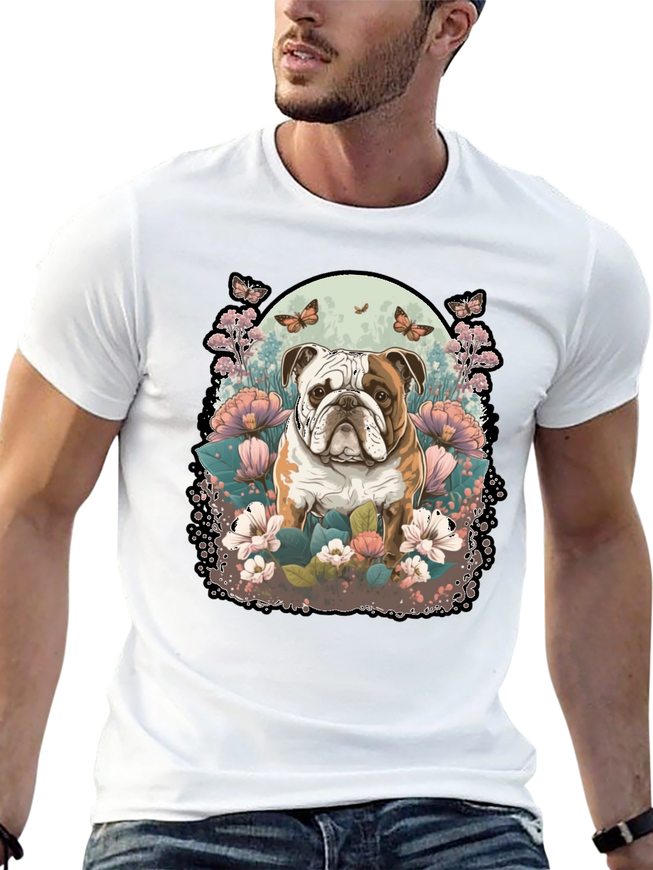 Bulldog & Floral Graphic Black T-Shirt