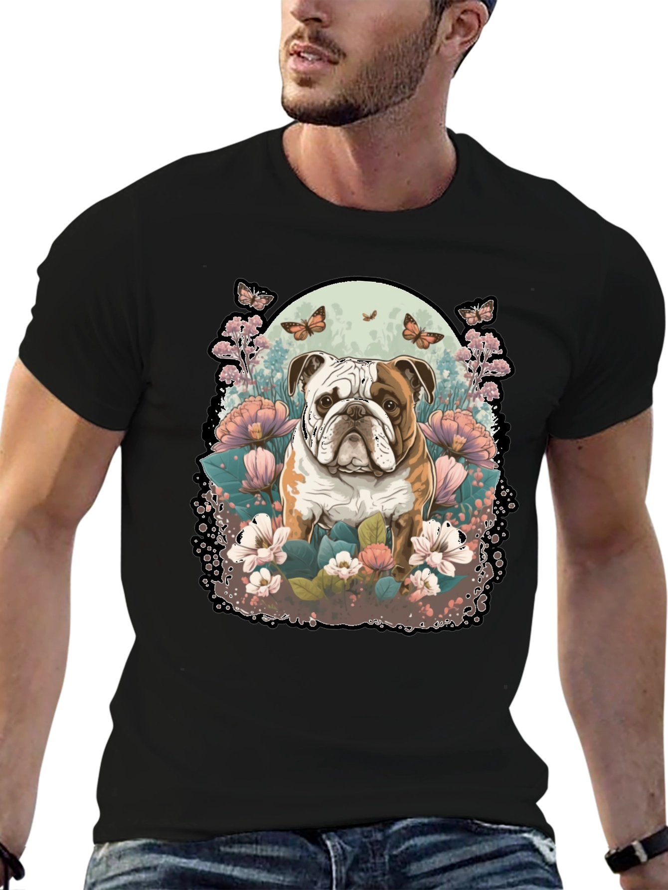 Bulldog & Floral Graphic Black T-Shirt