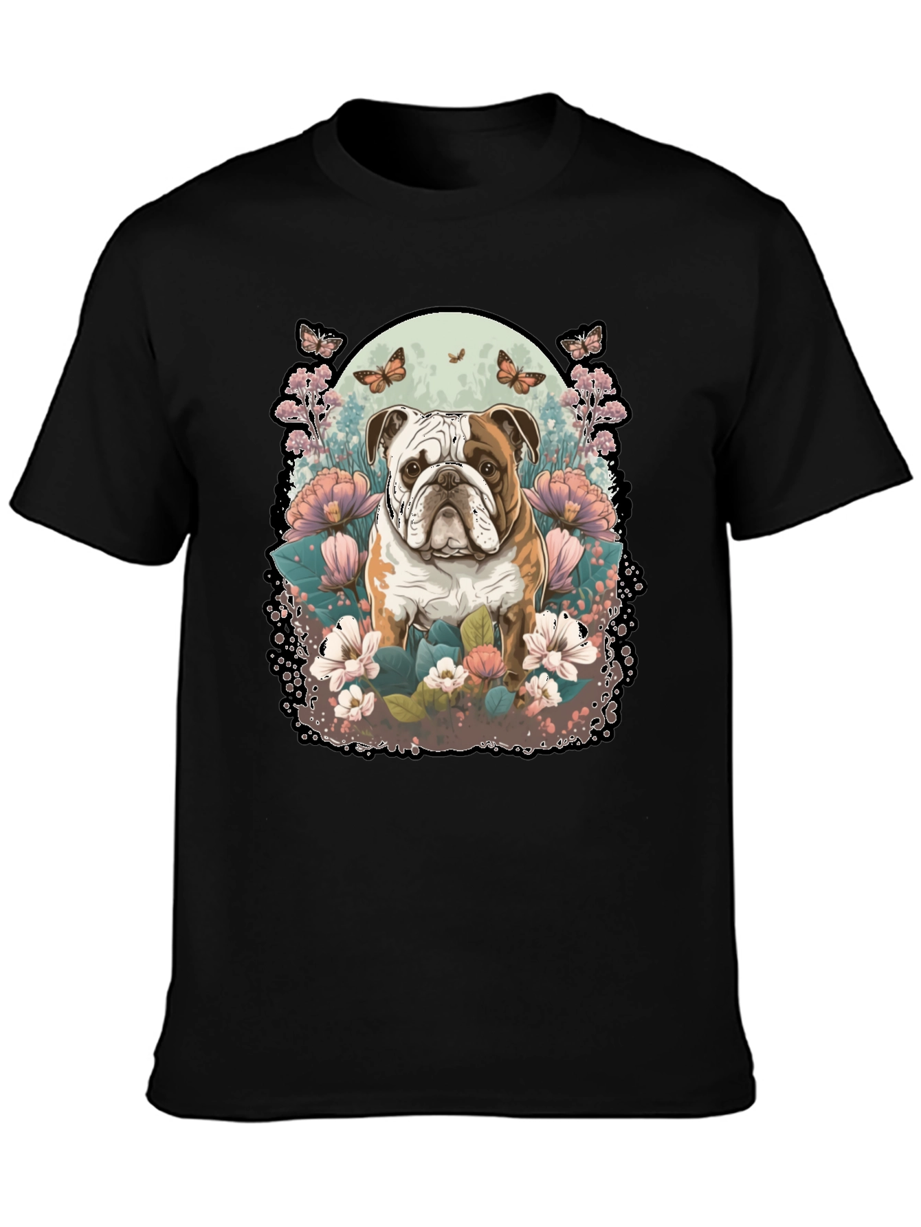Bulldog & Floral Graphic Black T-Shirt
