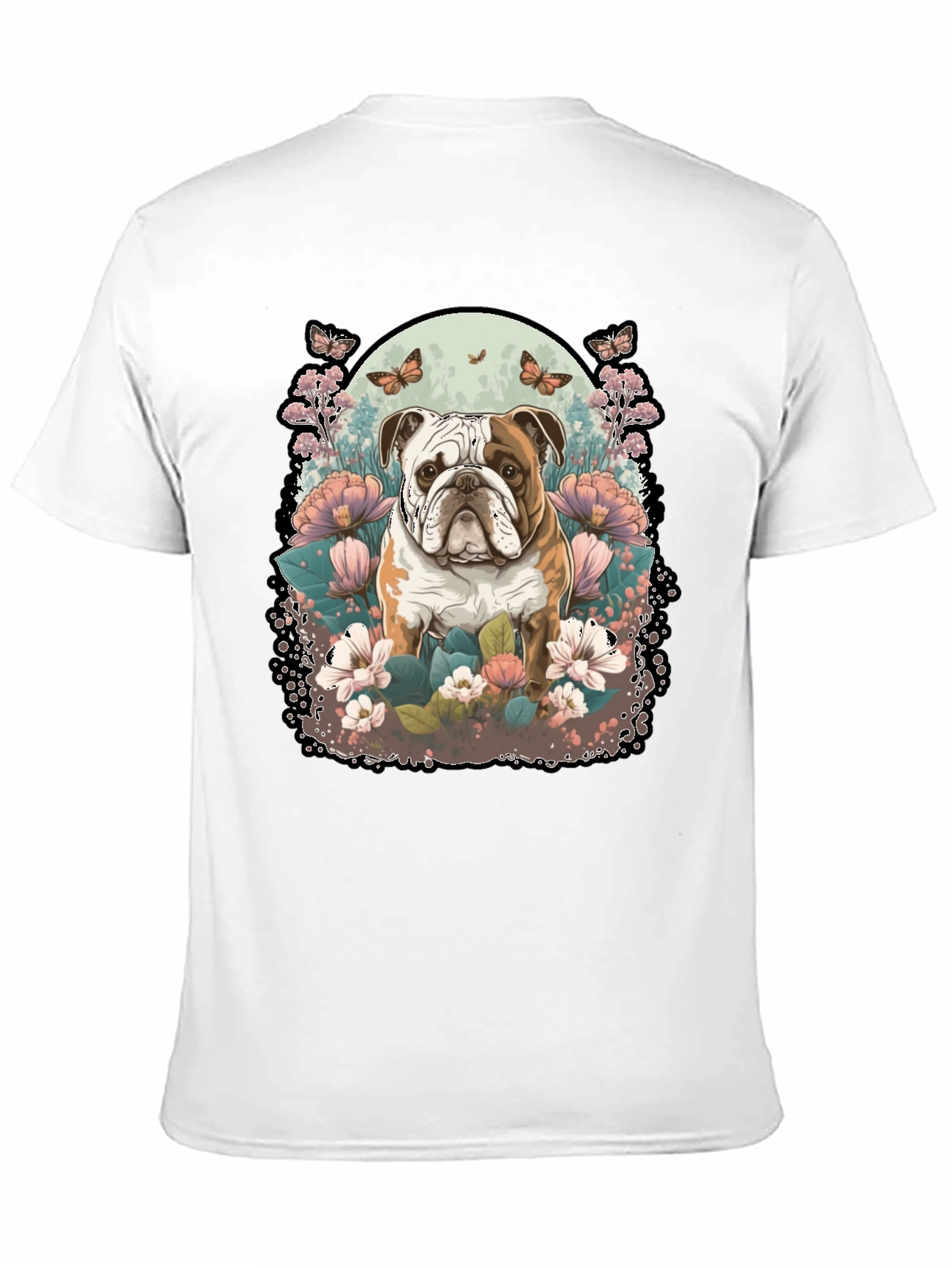 Bulldog & Floral Graphic Black T-Shirt