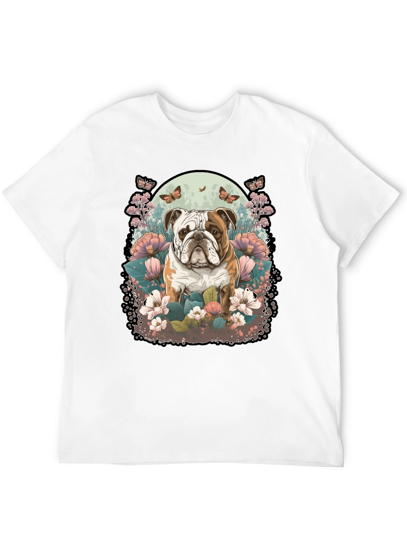 Bulldog & Floral Graphic Black T-Shirt