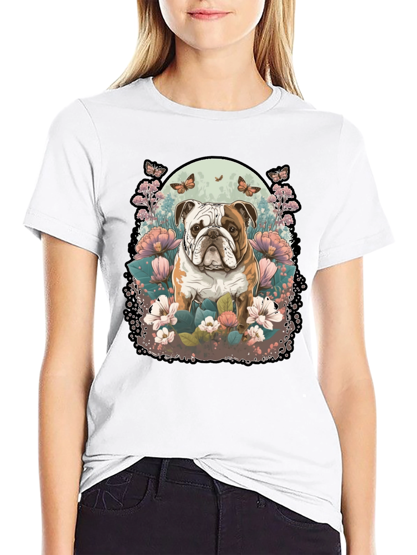 Bulldog & Floral Graphic Black T-Shirt