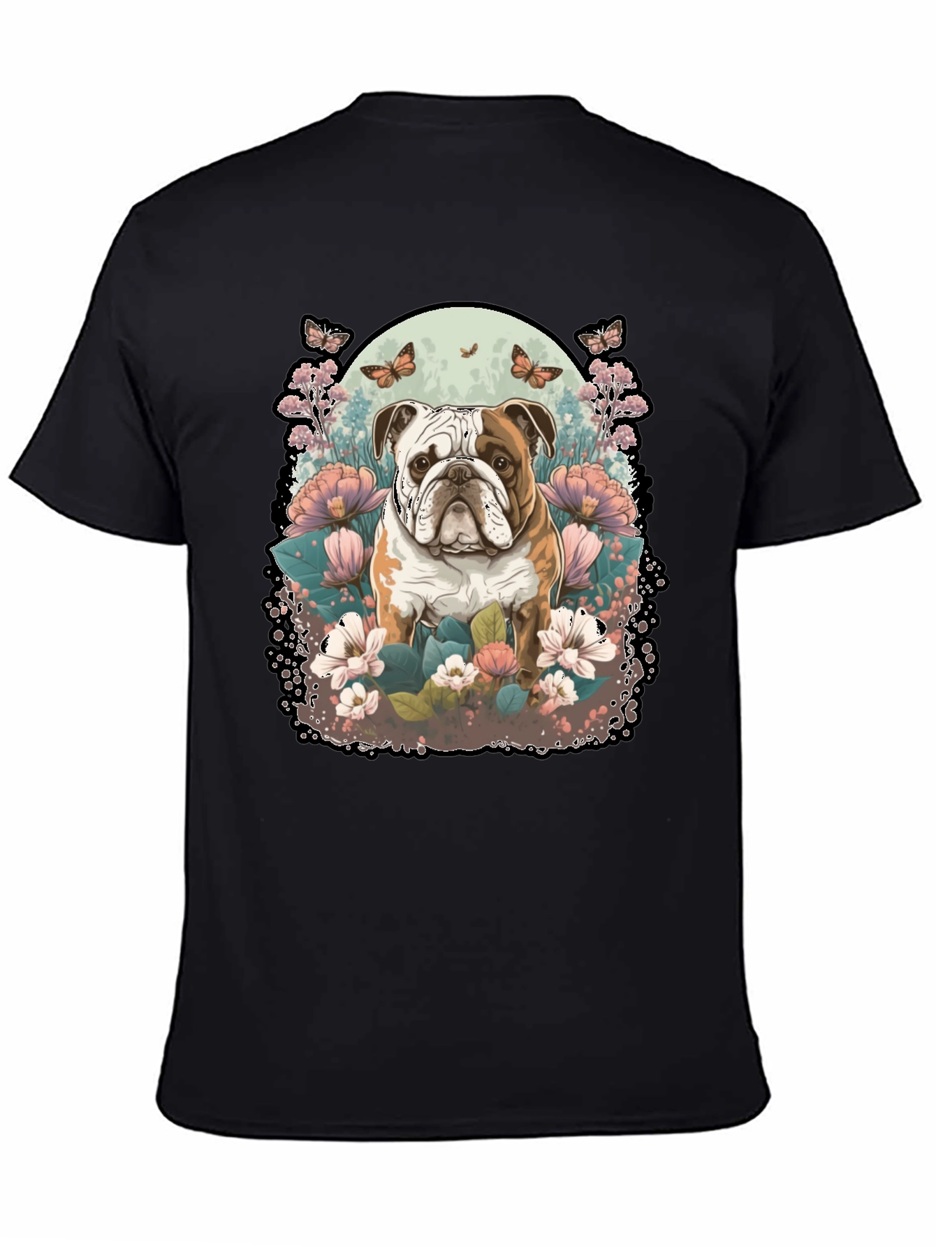 Bulldog & Floral Graphic Black T-Shirt