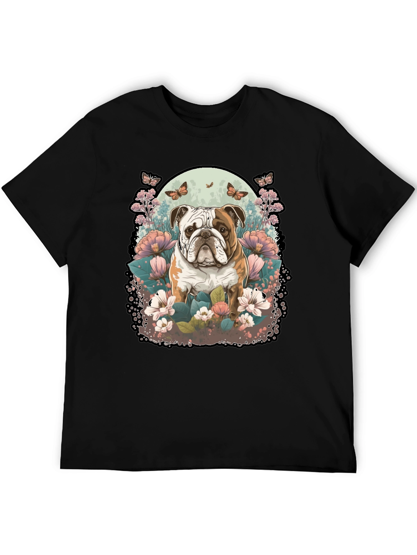 Bulldog & Floral Graphic Black T-Shirt