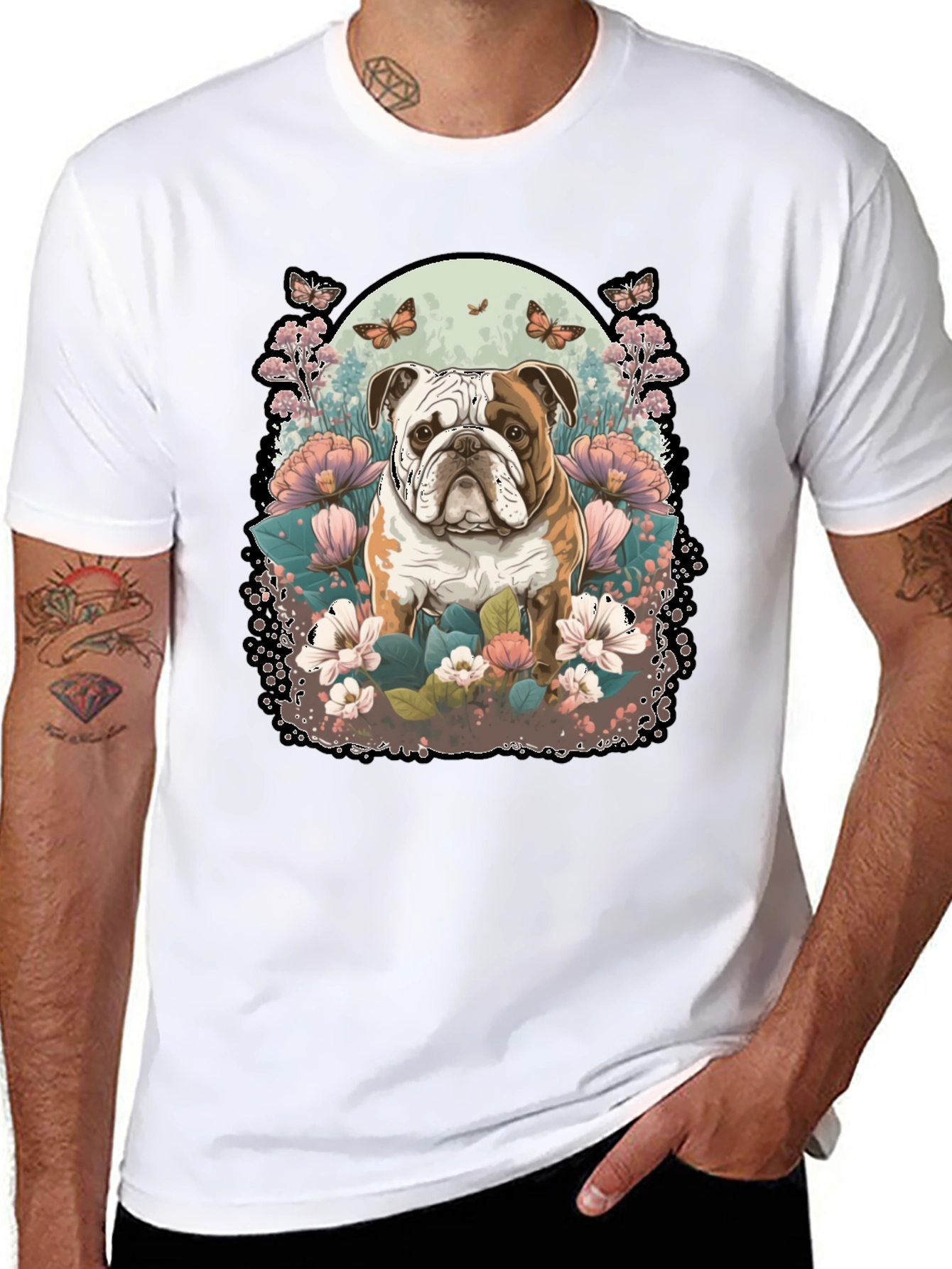 Bulldog & Floral Graphic Black T-Shirt