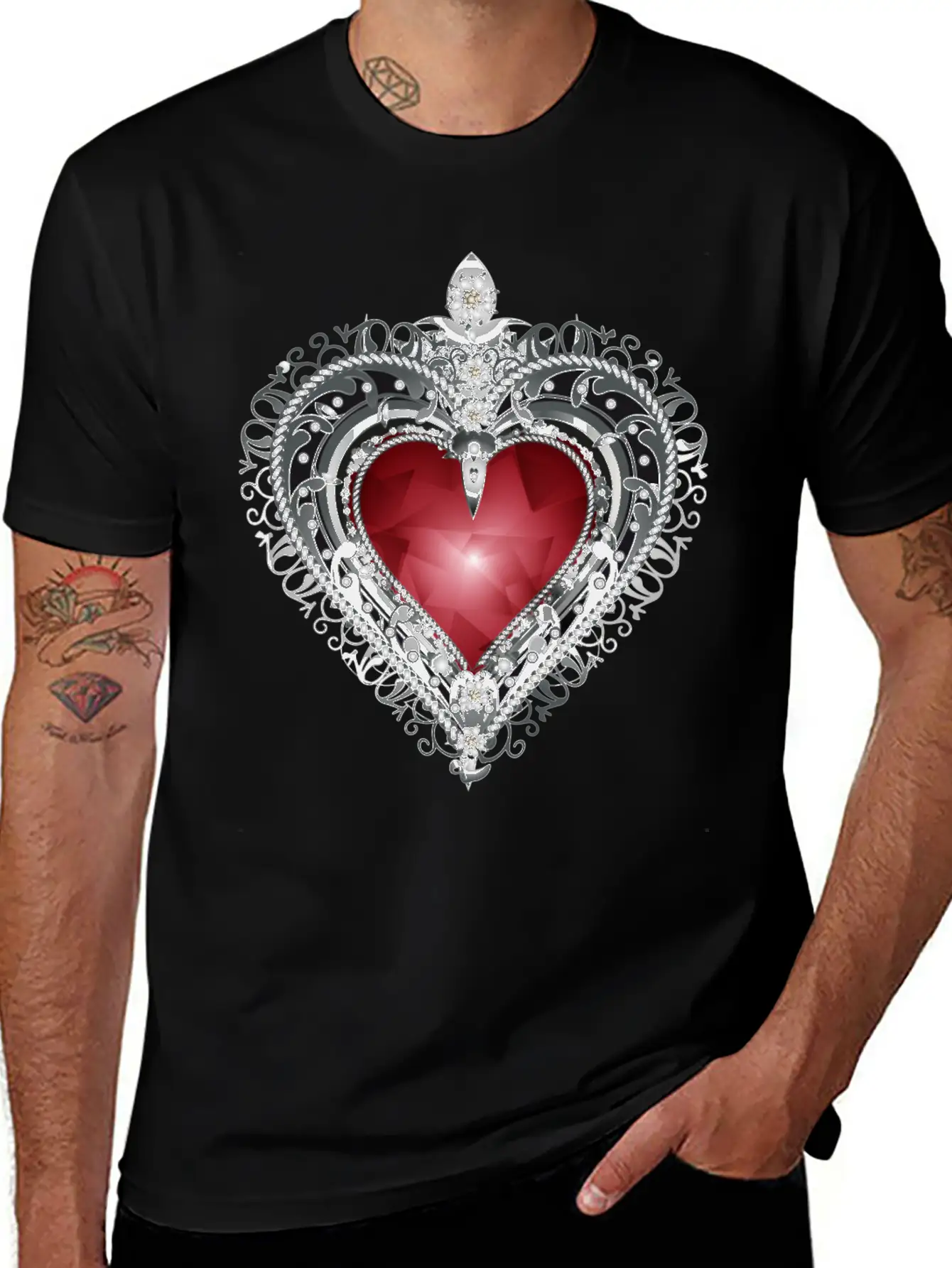 Traditional Brooch Red Heart Framed With Silver Unisex Casual T-Shirt – Clean Design For Daily Comfort