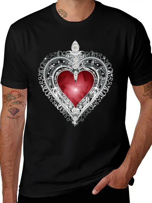 Traditional Brooch Red Heart Framed With Silver Unisex Casual T-Shirt – Clean Design For Daily Comfort