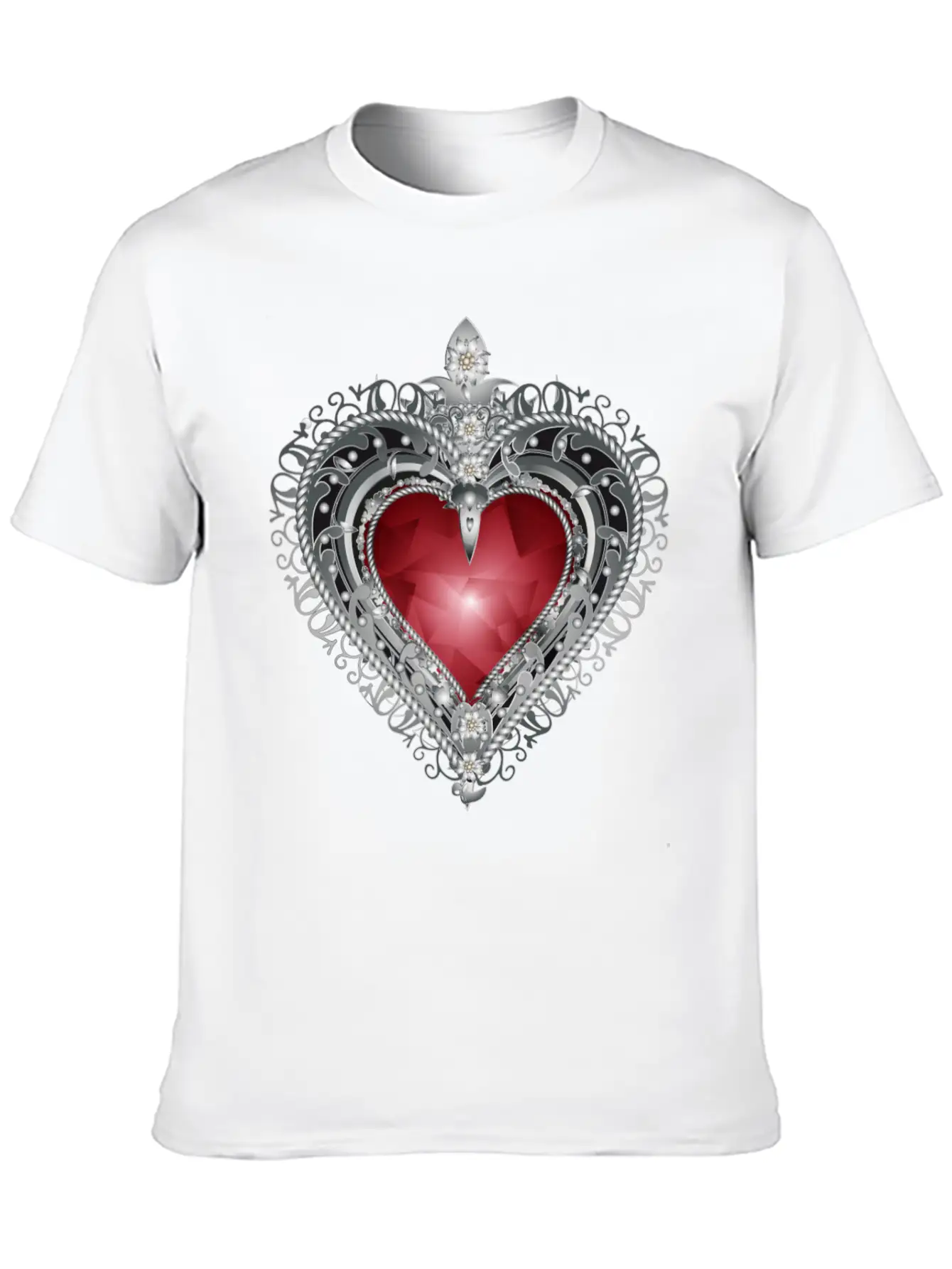 Traditional Brooch Red Heart Framed With Silver Unisex Casual T-Shirt – Clean Design For Daily Comfort