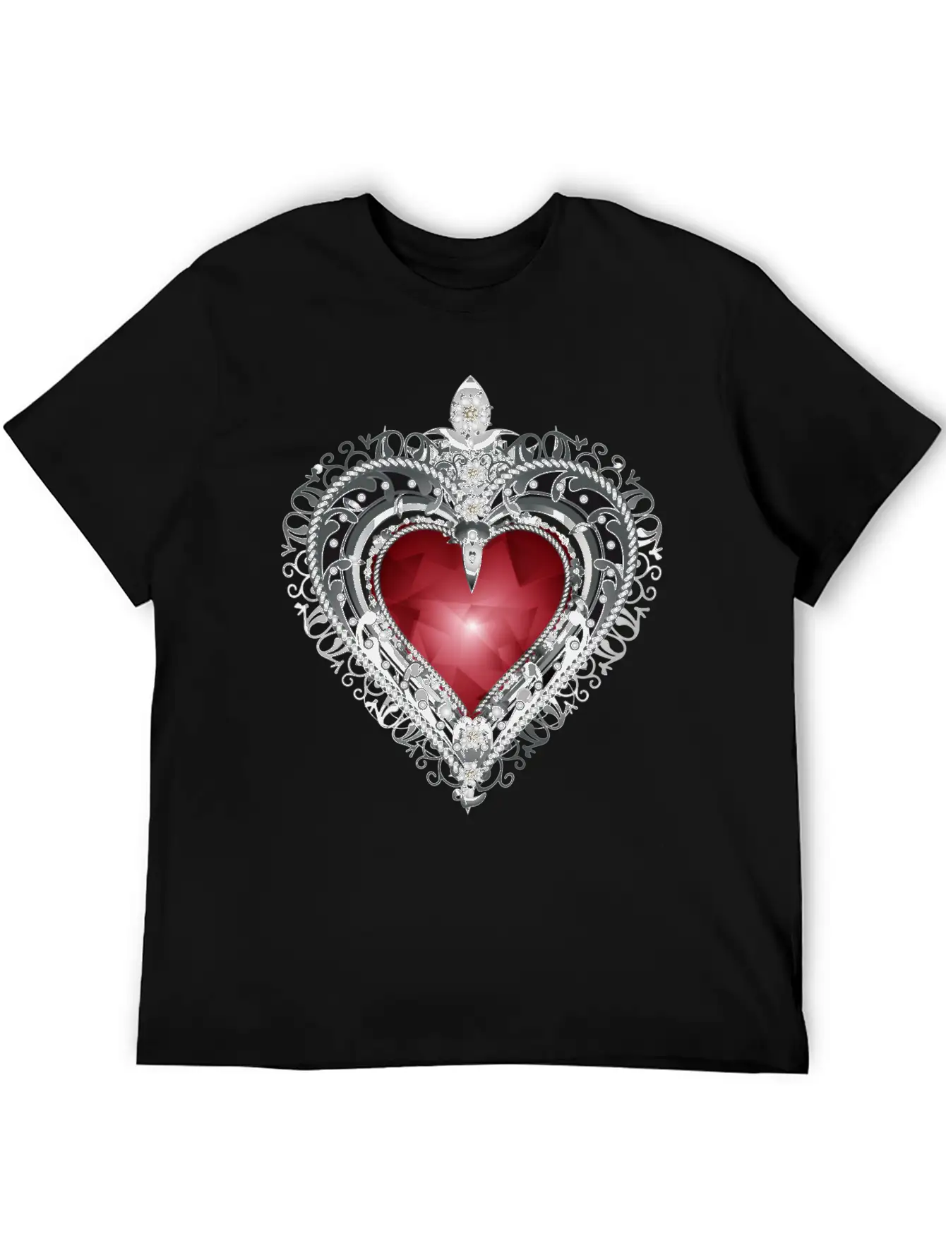 Traditional Brooch Red Heart Framed With Silver Unisex Casual T-Shirt – Clean Design For Daily Comfort