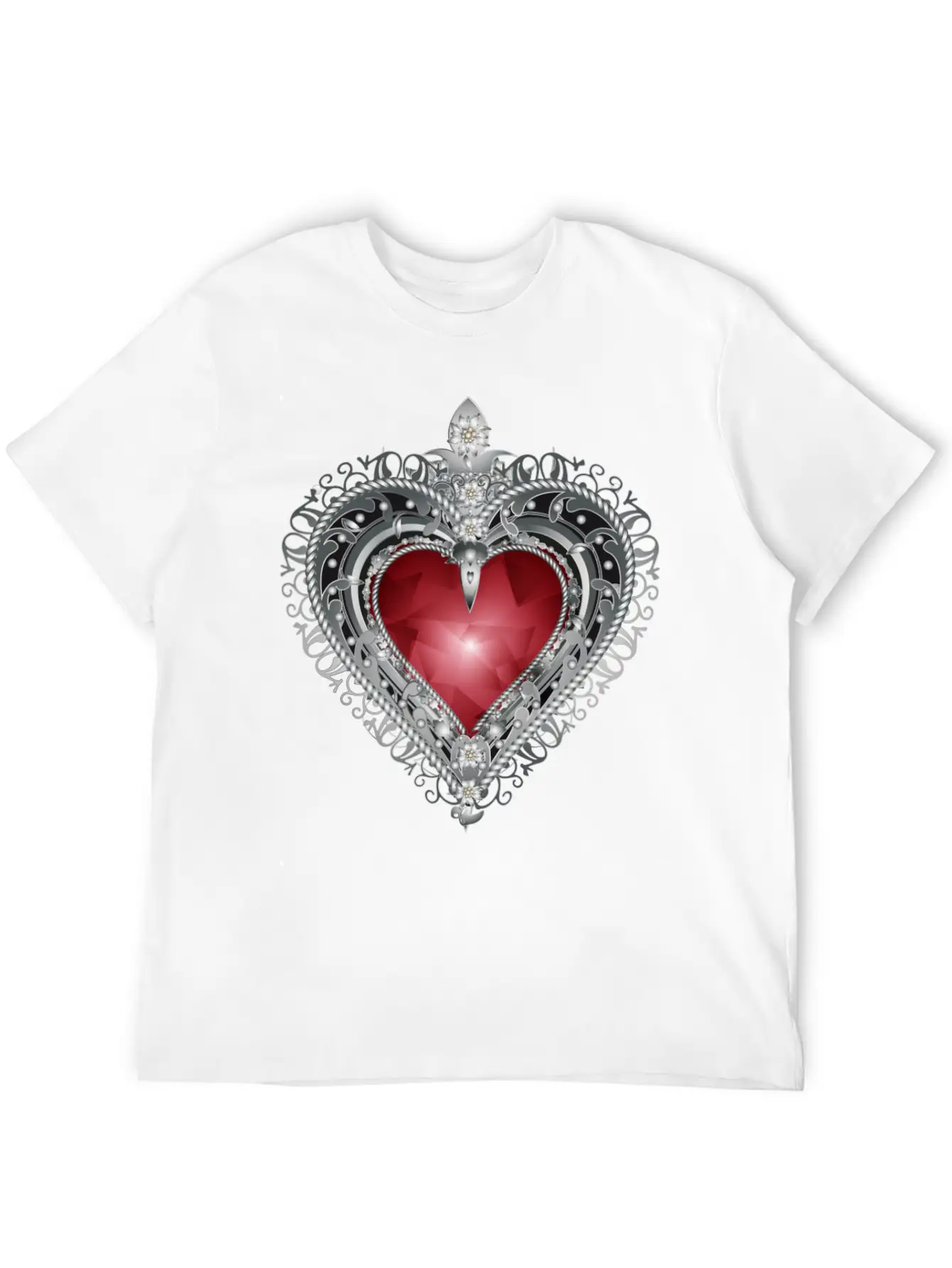 Traditional Brooch Red Heart Framed With Silver Unisex Casual T-Shirt – Clean Design For Daily Comfort