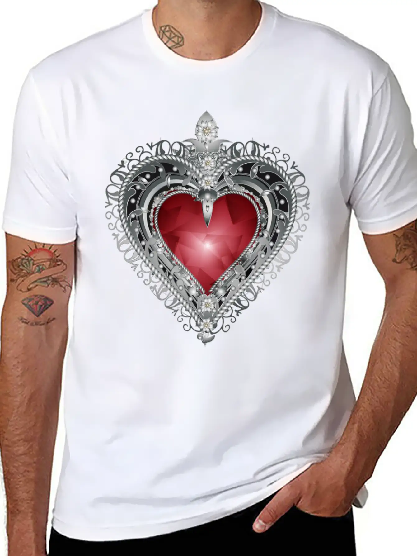Traditional Brooch Red Heart Framed With Silver Unisex Casual T-Shirt – Clean Design For Daily Comfort