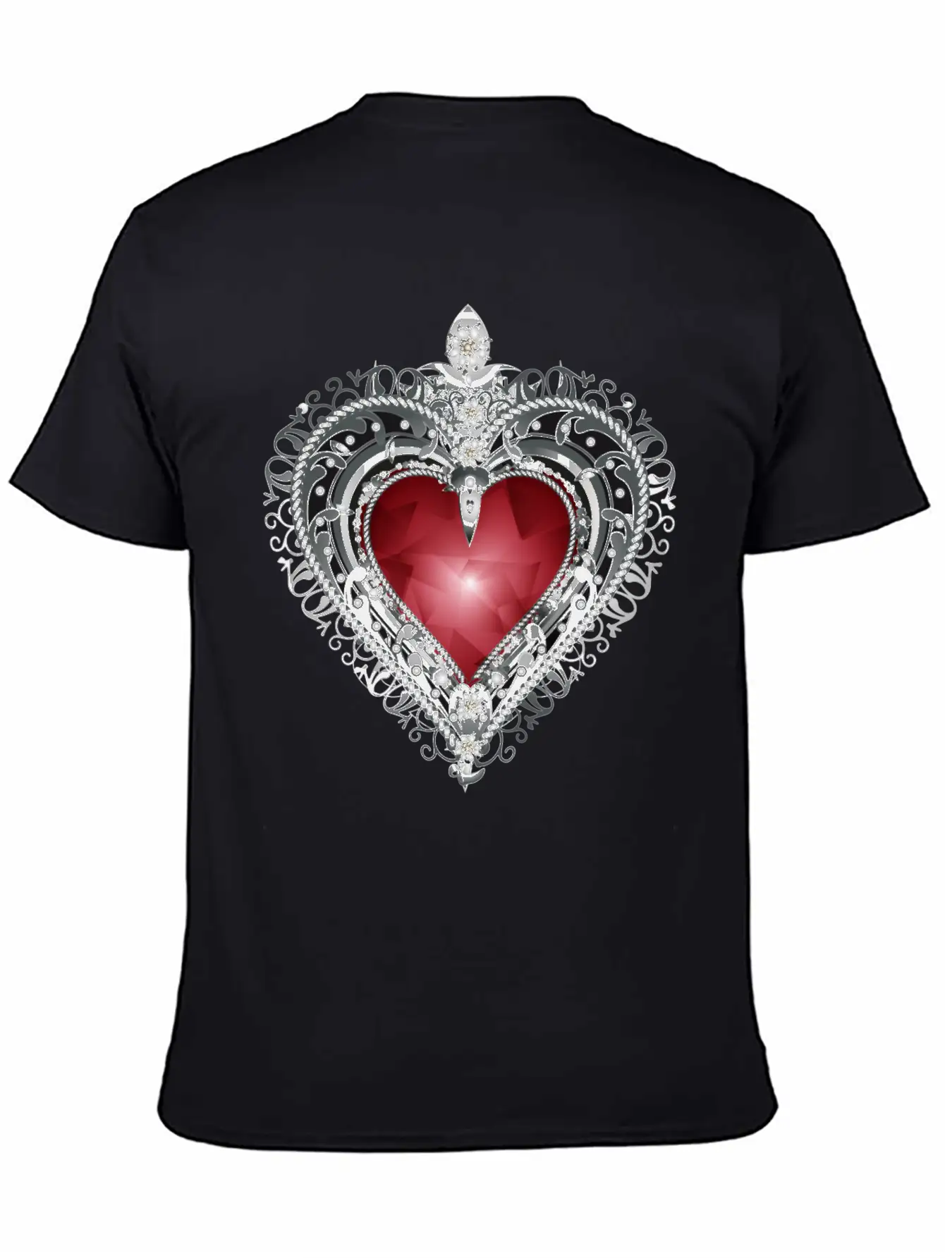 Traditional Brooch Red Heart Framed With Silver Unisex Casual T-Shirt – Clean Design For Daily Comfort
