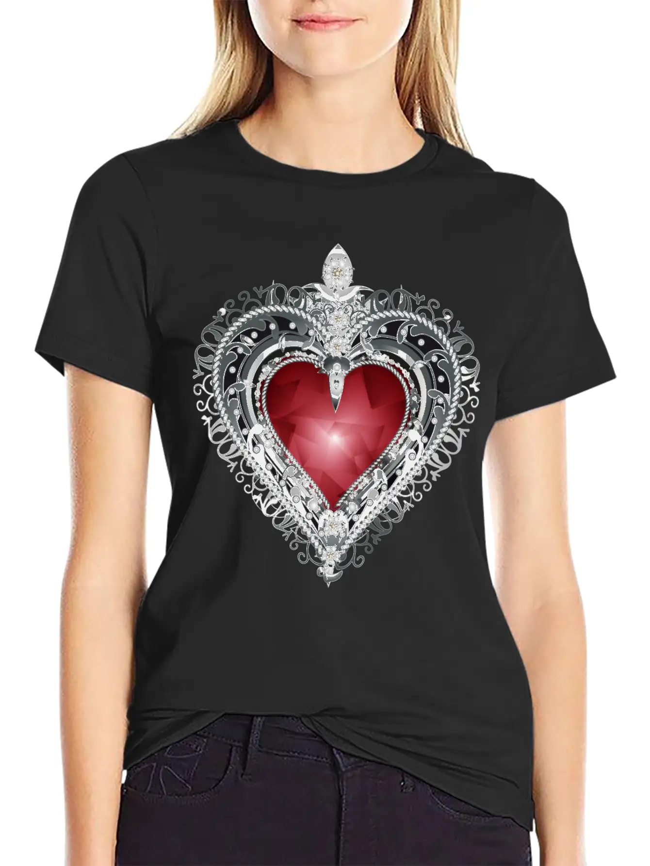 Traditional Brooch Red Heart Framed With Silver Unisex Casual T-Shirt – Clean Design For Daily Comfort