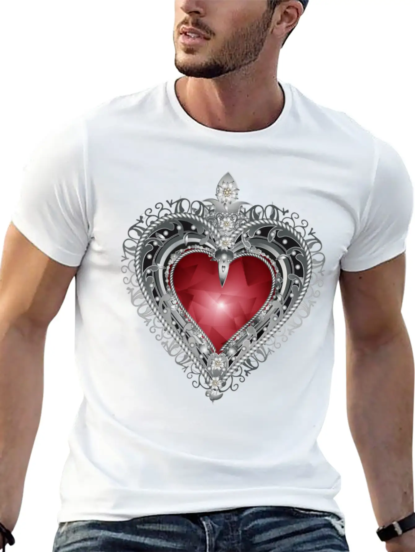 Traditional Brooch Red Heart Framed With Silver Unisex Casual T-Shirt – Clean Design For Daily Comfort