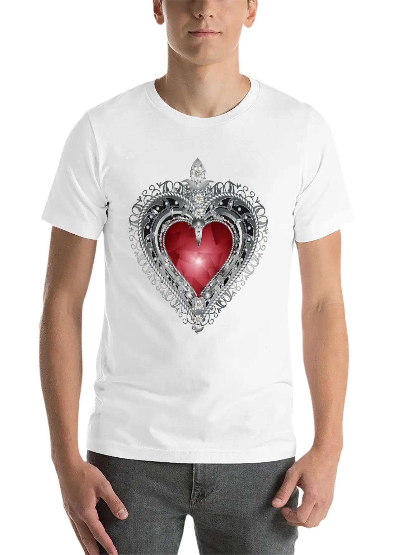 Traditional Brooch Red Heart Framed With Silver Unisex Casual T-Shirt – Clean Design For Daily Comfort