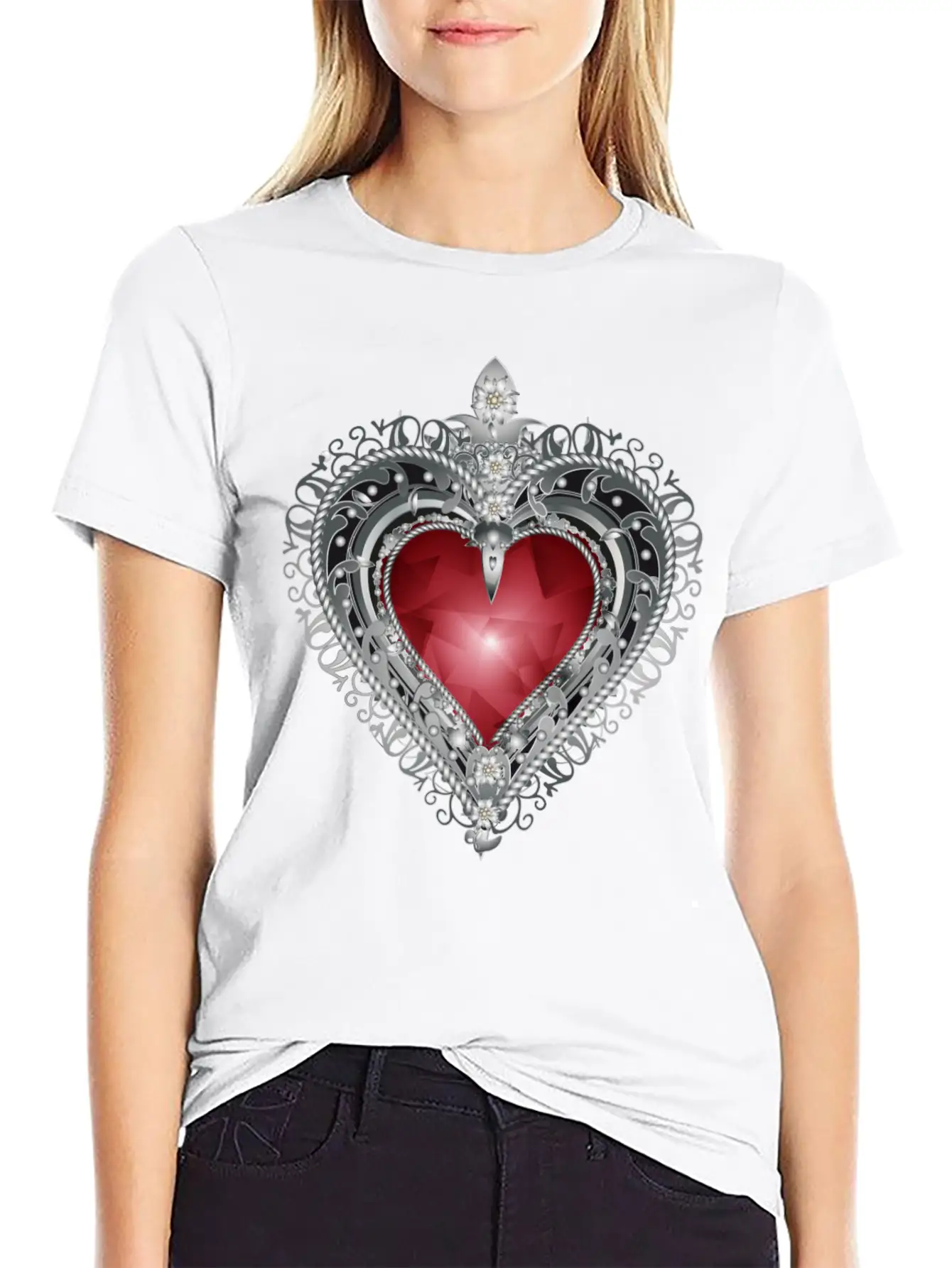Traditional Brooch Red Heart Framed With Silver Unisex Casual T-Shirt – Clean Design For Daily Comfort
