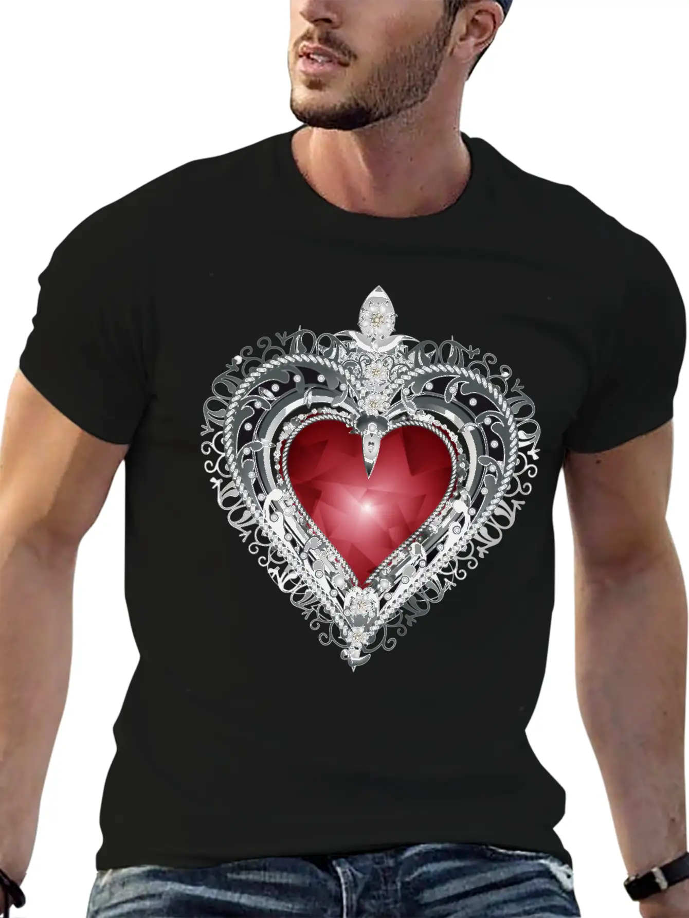 Traditional Brooch Red Heart Framed With Silver Unisex Casual T-Shirt – Clean Design For Daily Comfort