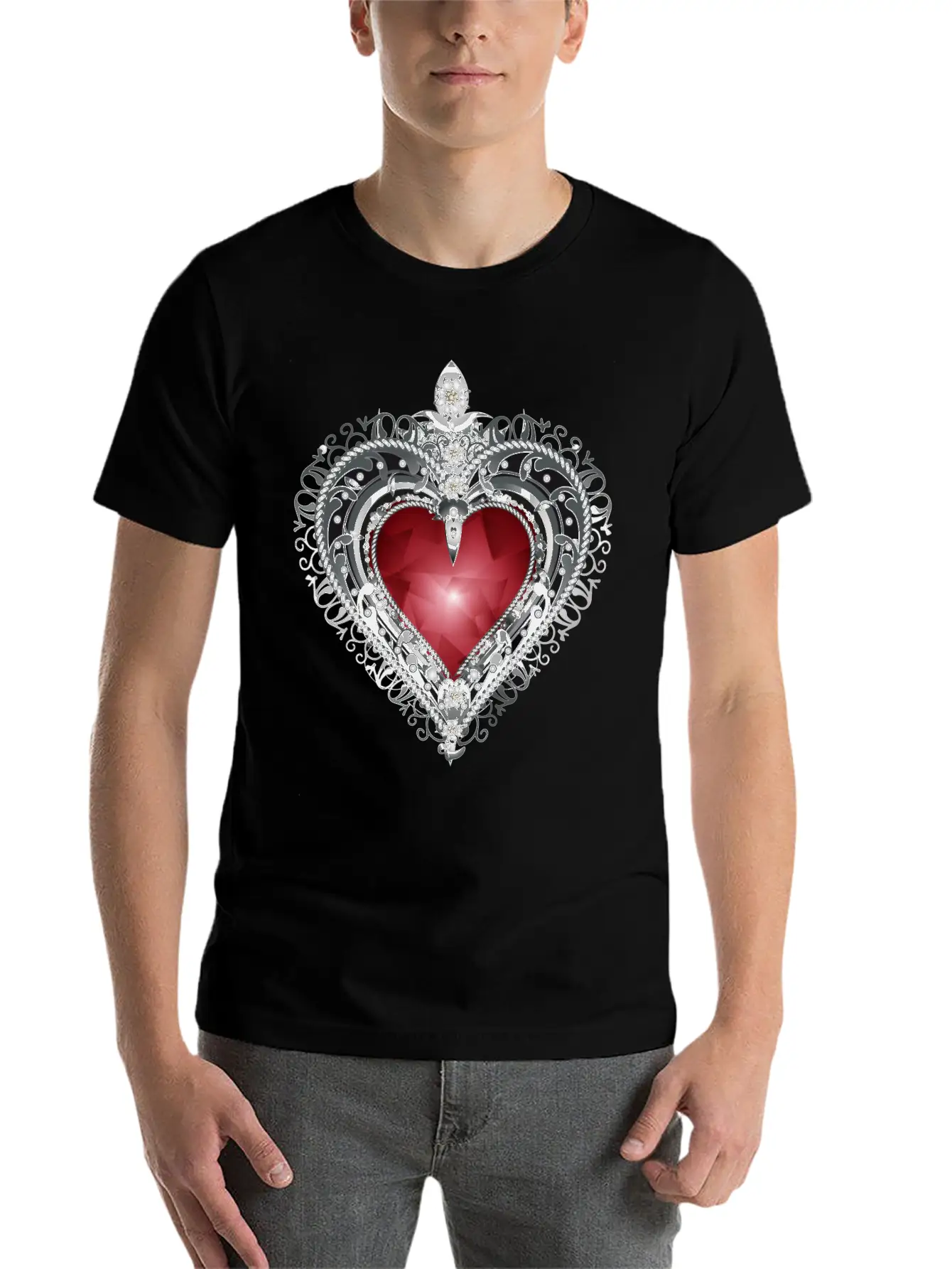 Traditional Brooch Red Heart Framed With Silver Unisex Casual T-Shirt – Clean Design For Daily Comfort