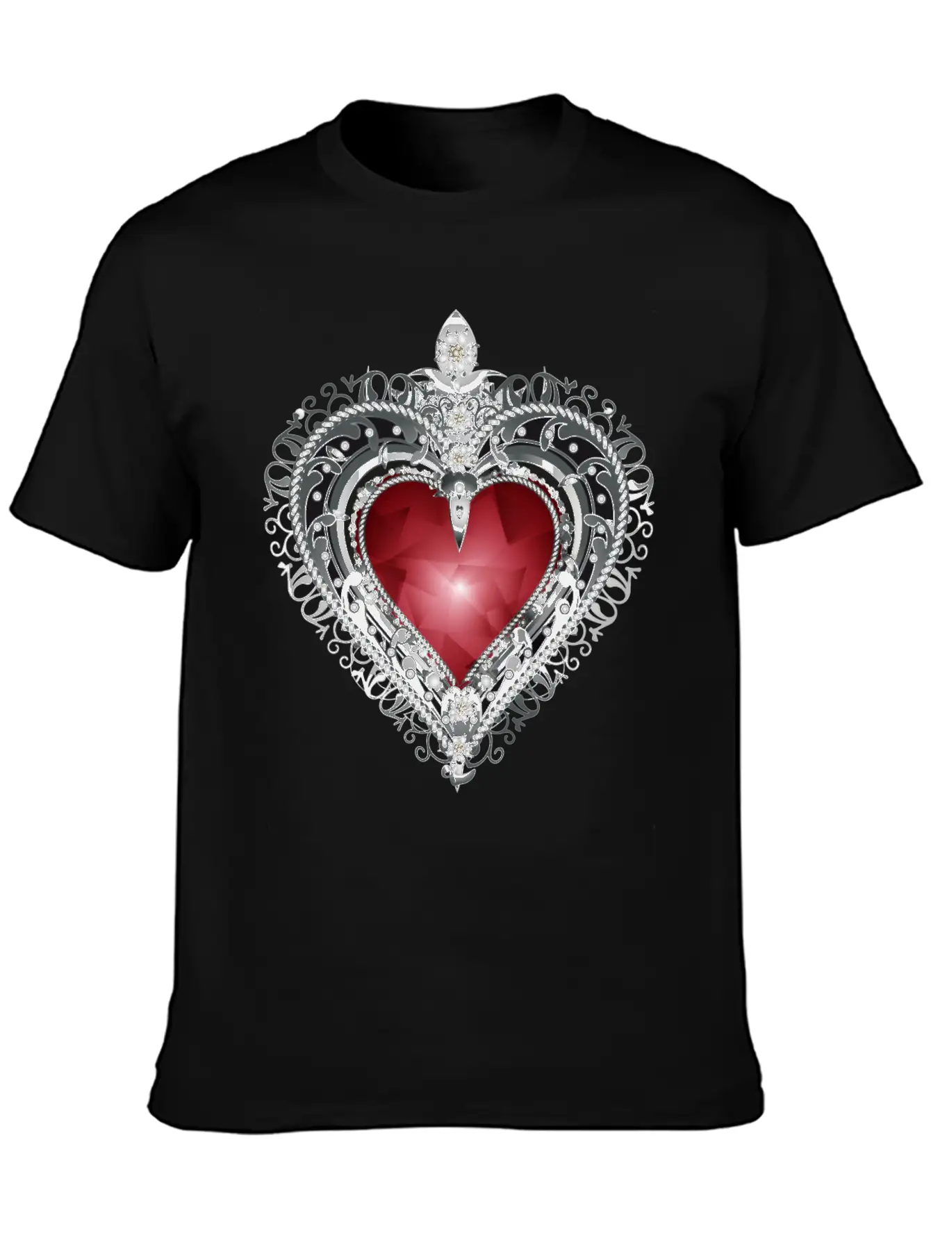 Traditional Brooch Red Heart Framed With Silver Unisex Casual T-Shirt – Clean Design For Daily Comfort