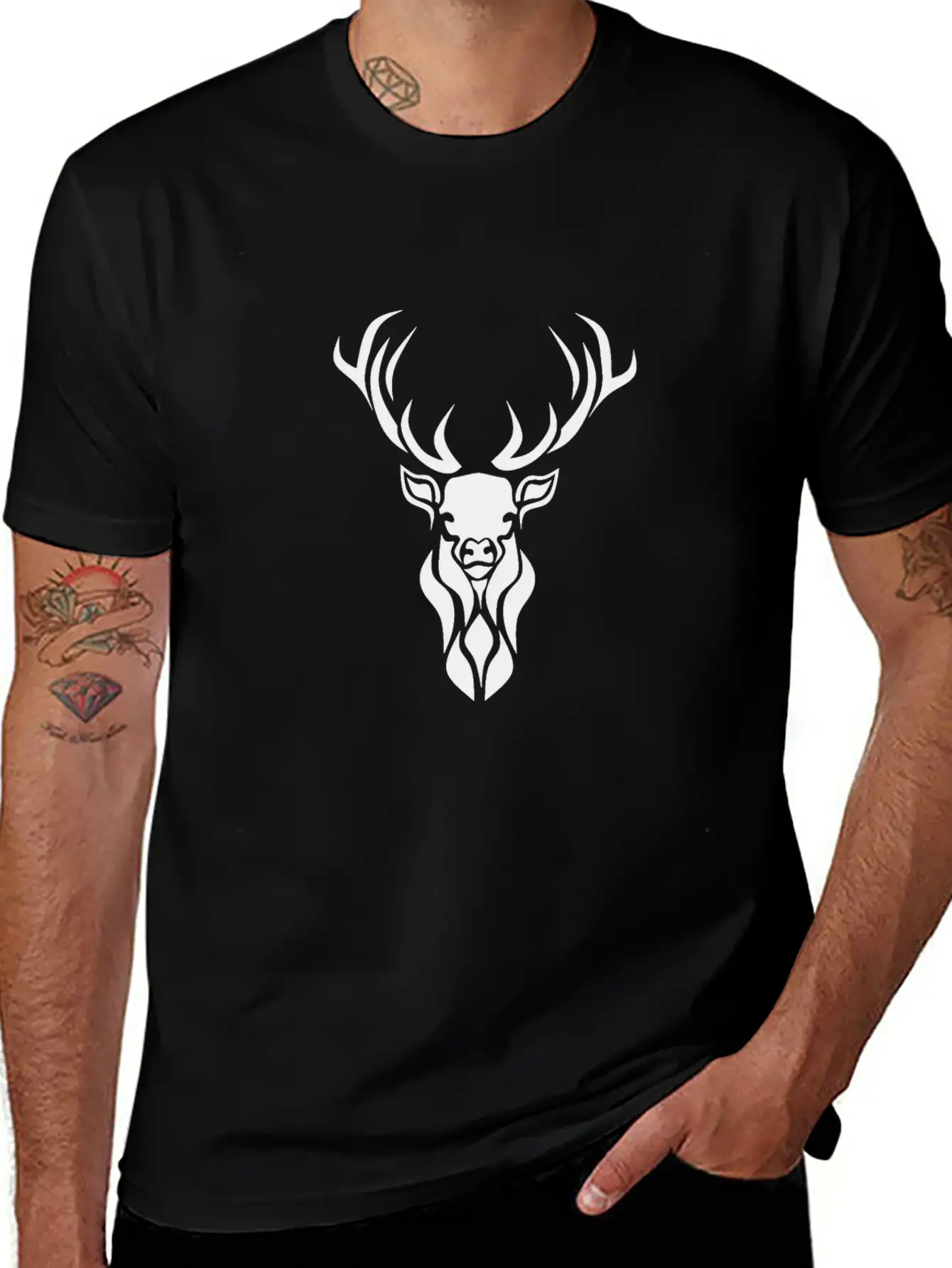 Tribal Black Stag Silhouette, Primitive Black Ink Unisex Casual T-Shirt – Clean Design For Daily Comfort