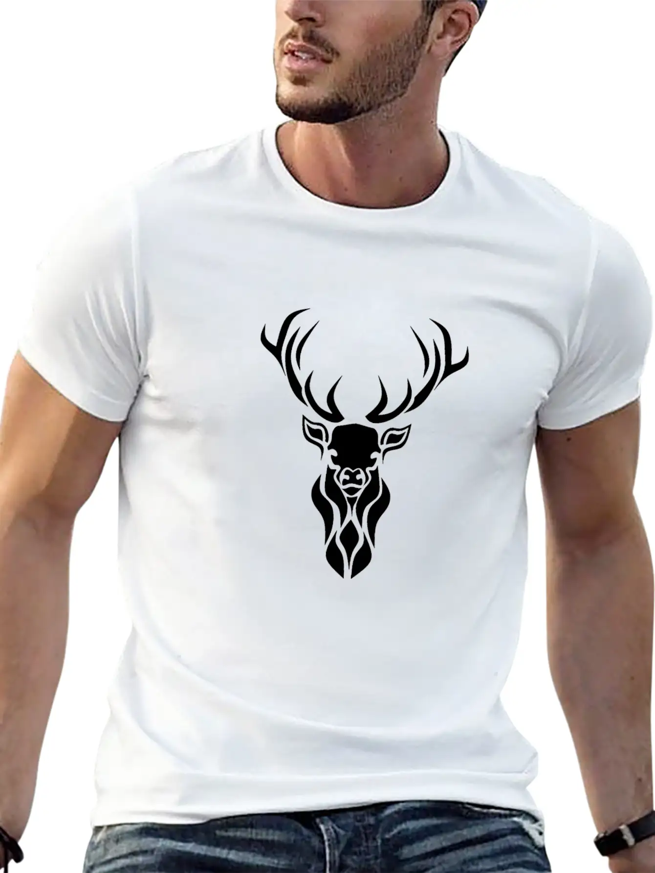Tribal Black Stag Silhouette, Primitive Black Ink Unisex Casual T-Shirt – Clean Design For Daily Comfort