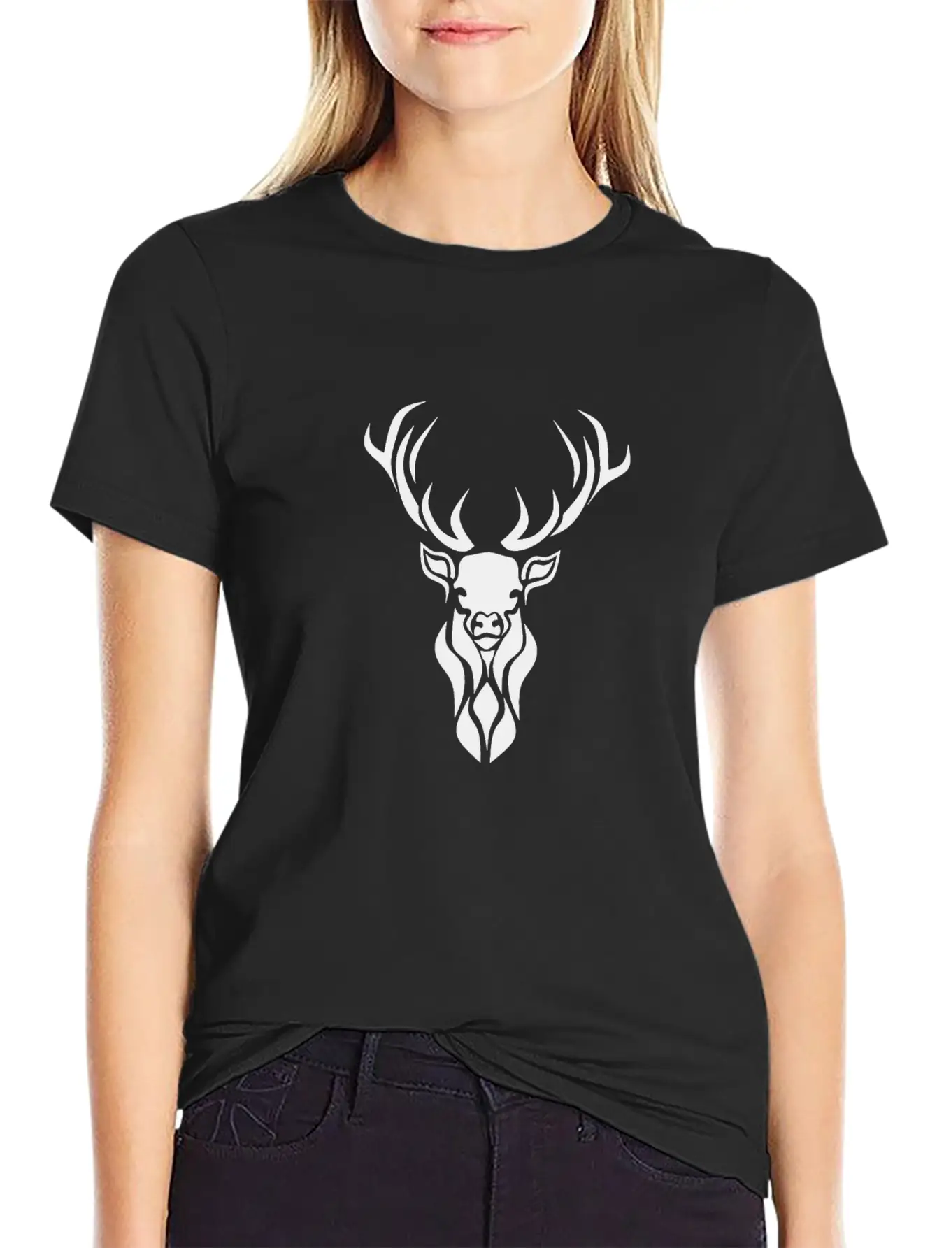 Tribal Black Stag Silhouette, Primitive Black Ink Unisex Casual T-Shirt – Clean Design For Daily Comfort