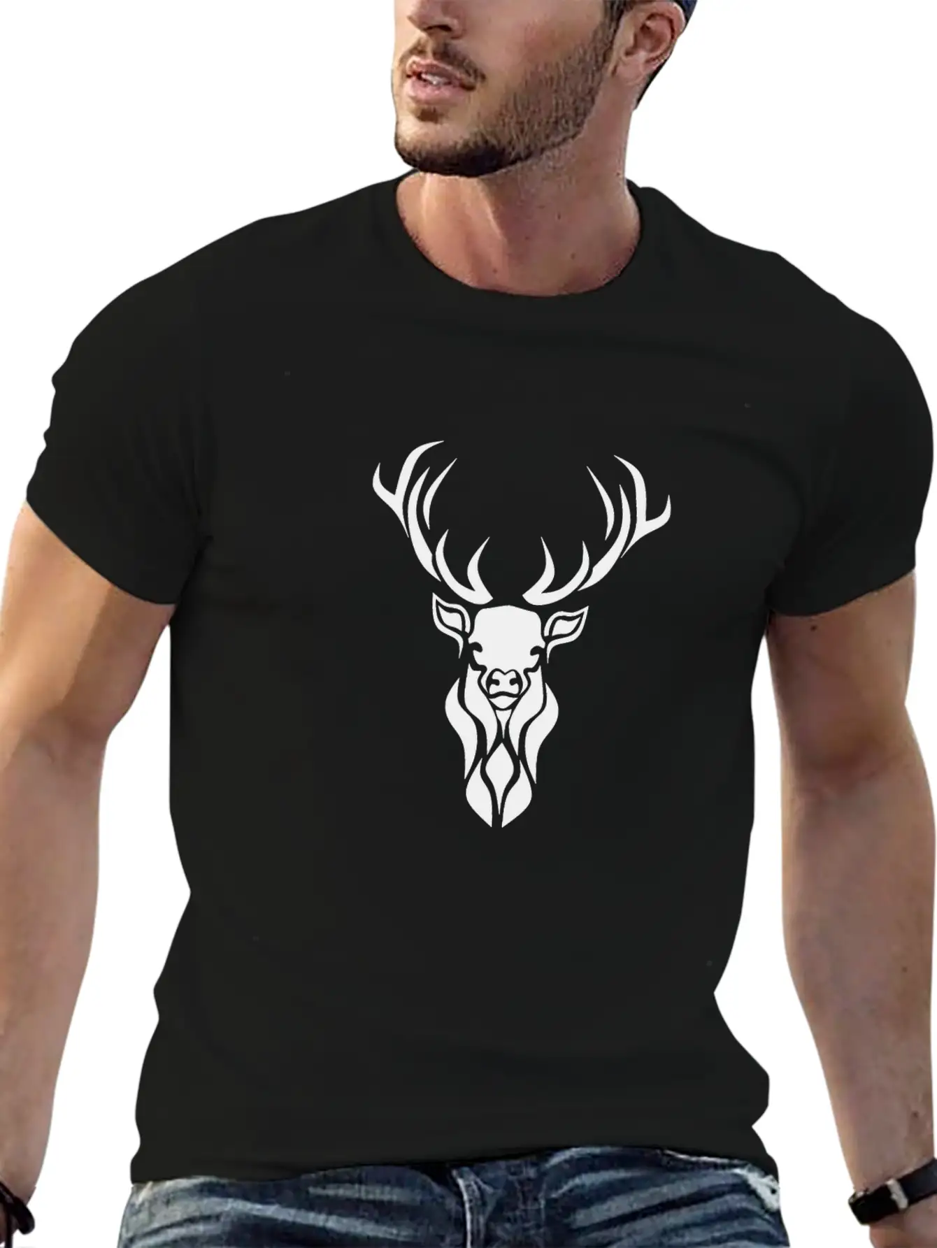 Tribal Black Stag Silhouette, Primitive Black Ink Unisex Casual T-Shirt – Clean Design For Daily Comfort