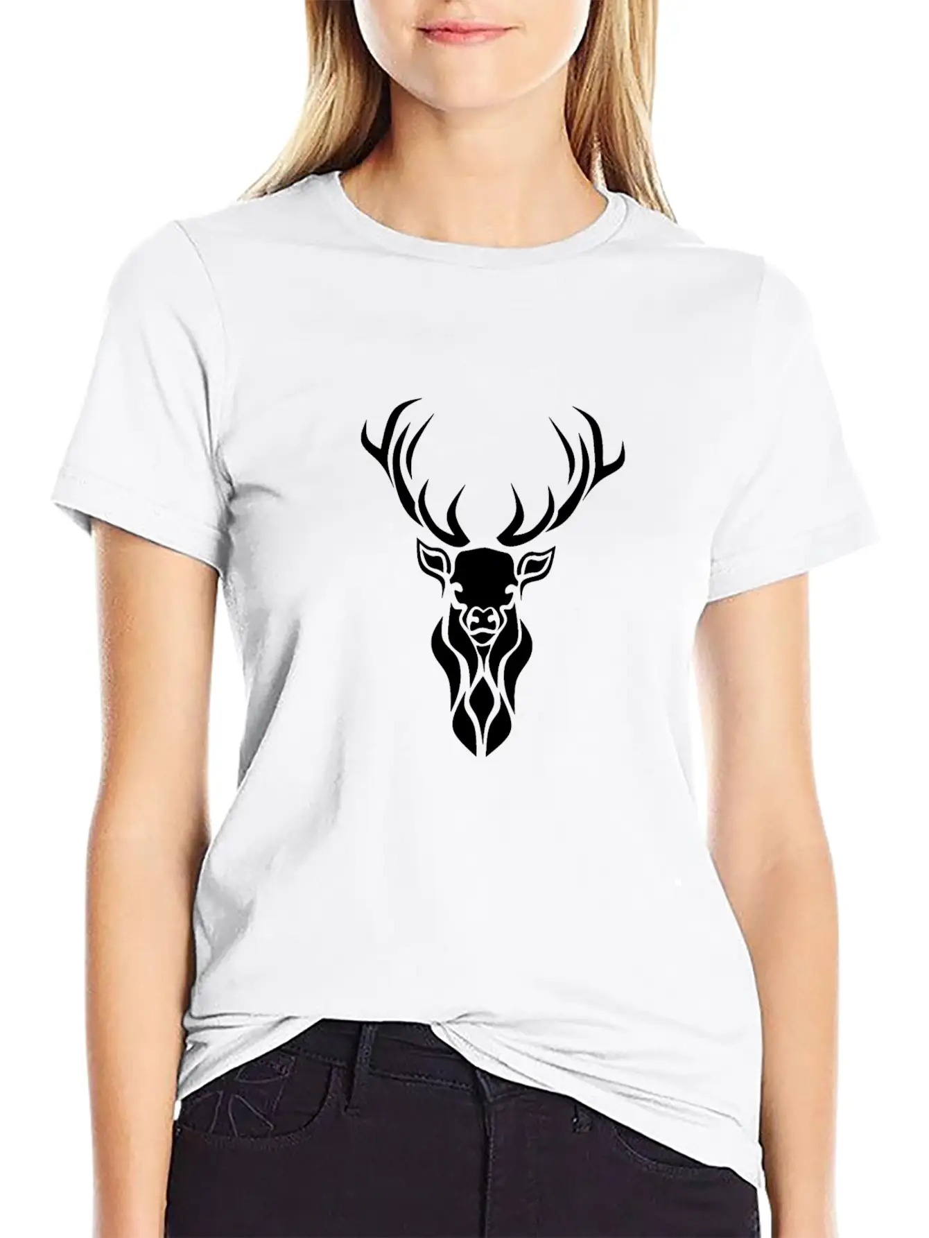 Tribal Black Stag Silhouette, Primitive Black Ink Unisex Casual T-Shirt – Clean Design For Daily Comfort