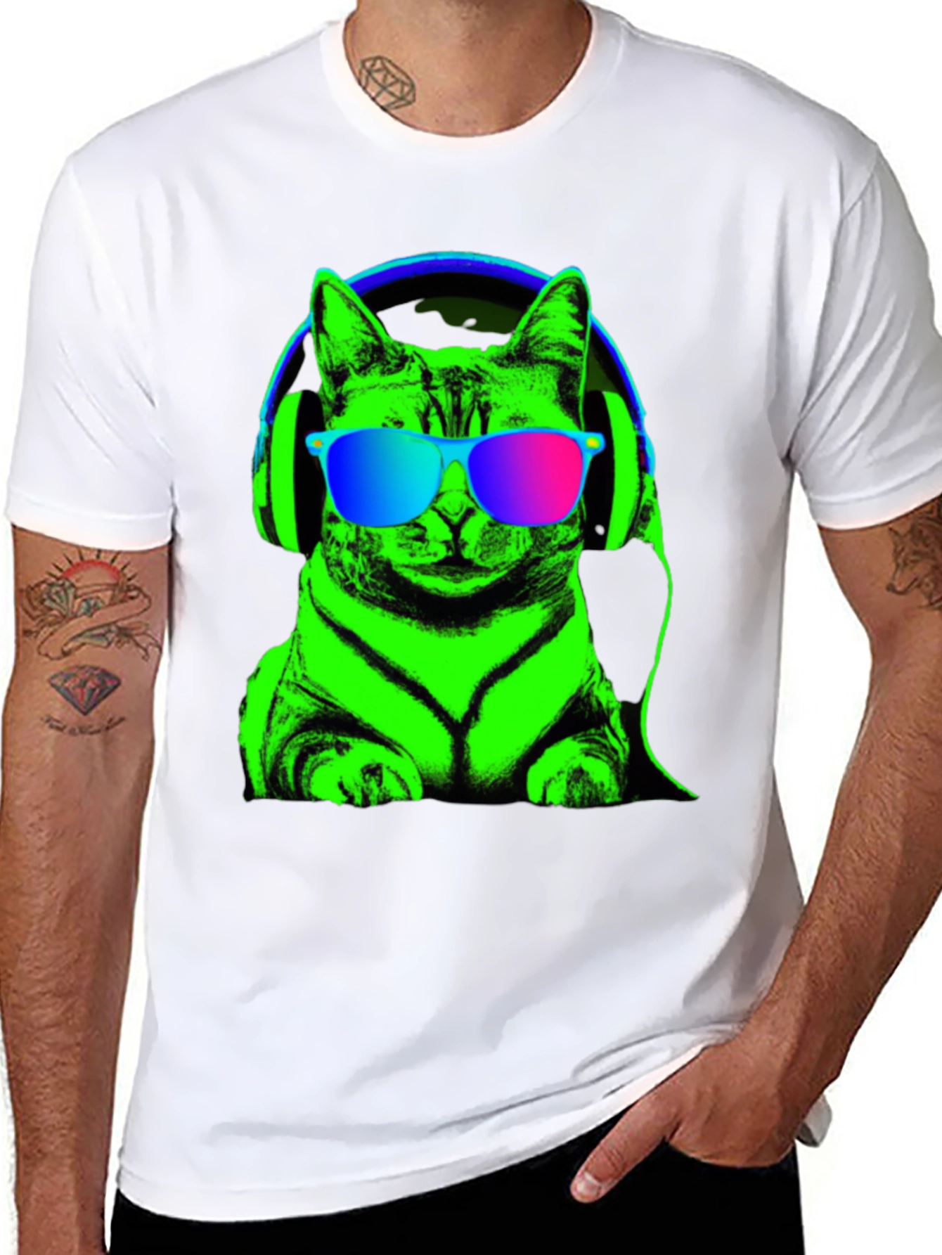 Cool Cat Tee: Neon Cat with Headphones T-Shirt