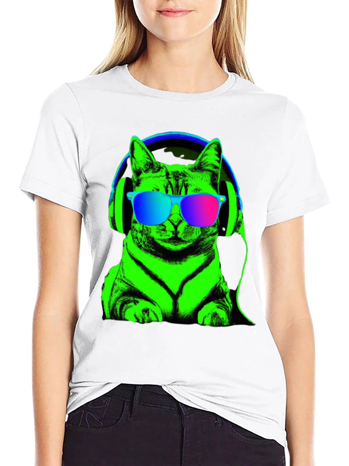 Cool Cat Tee: Neon Cat with Headphones T-Shirt