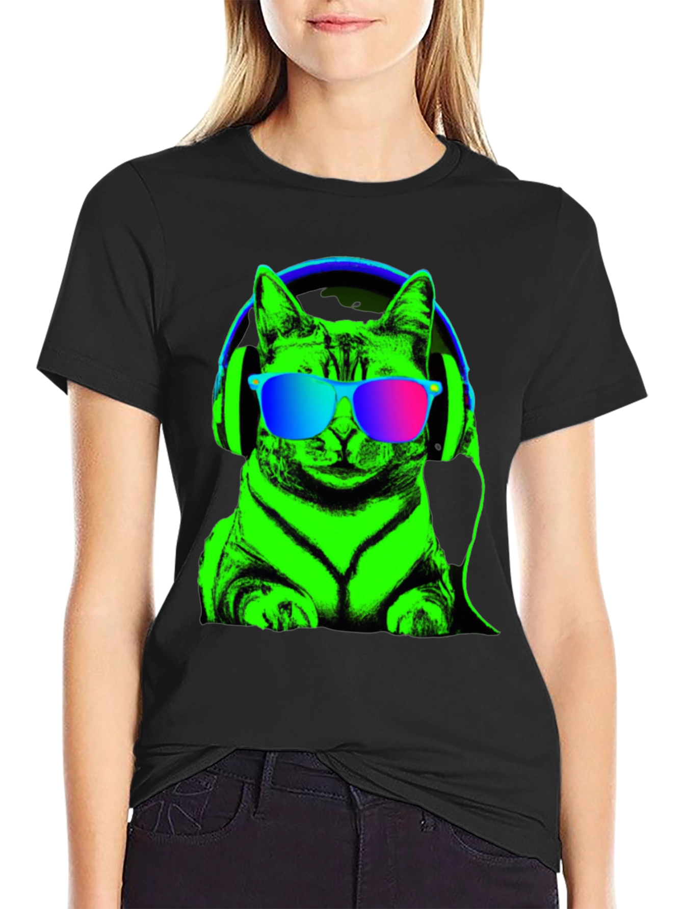 Cool Cat Tee: Neon Cat with Headphones T-Shirt