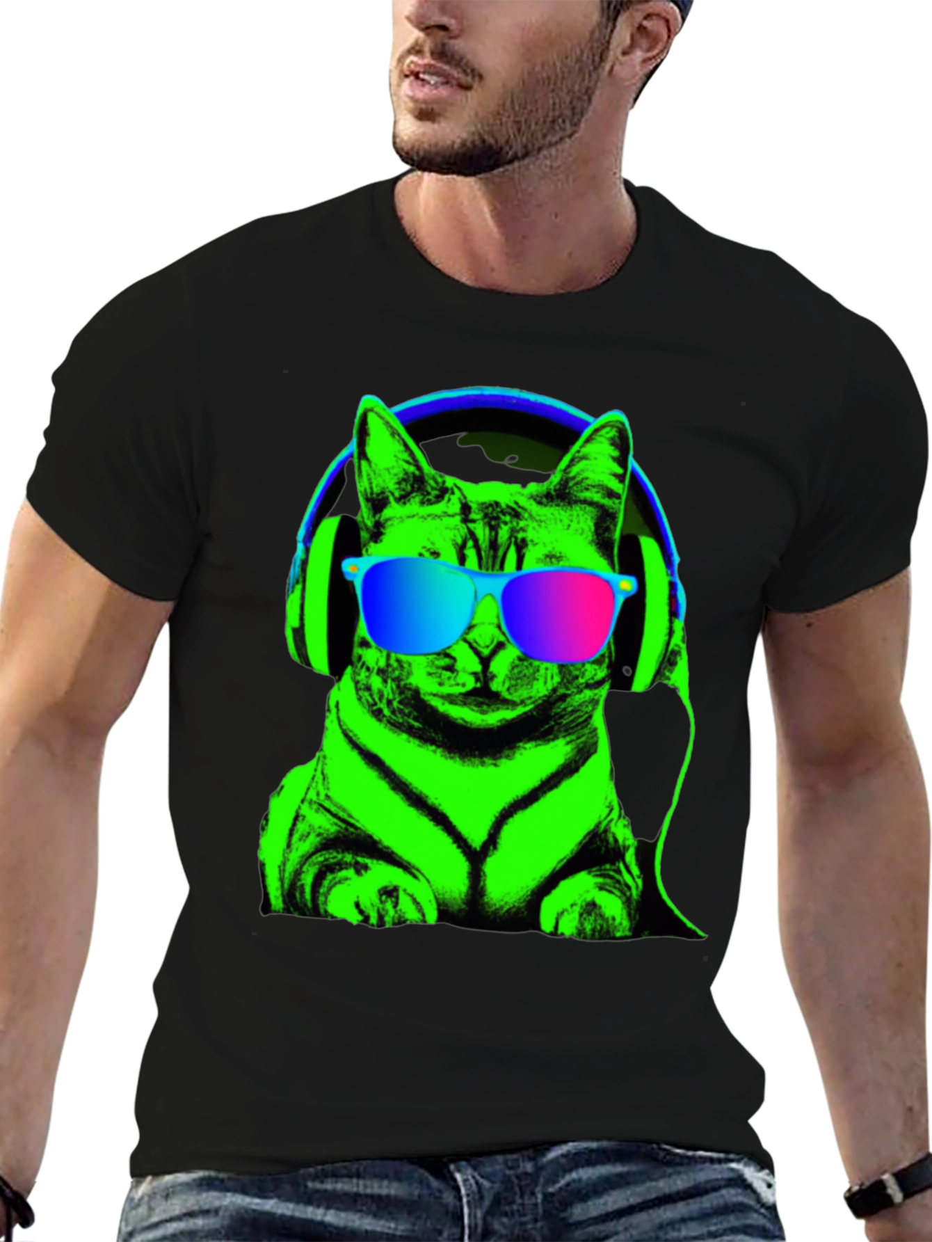 Cool Cat Tee: Neon Cat with Headphones T-Shirt