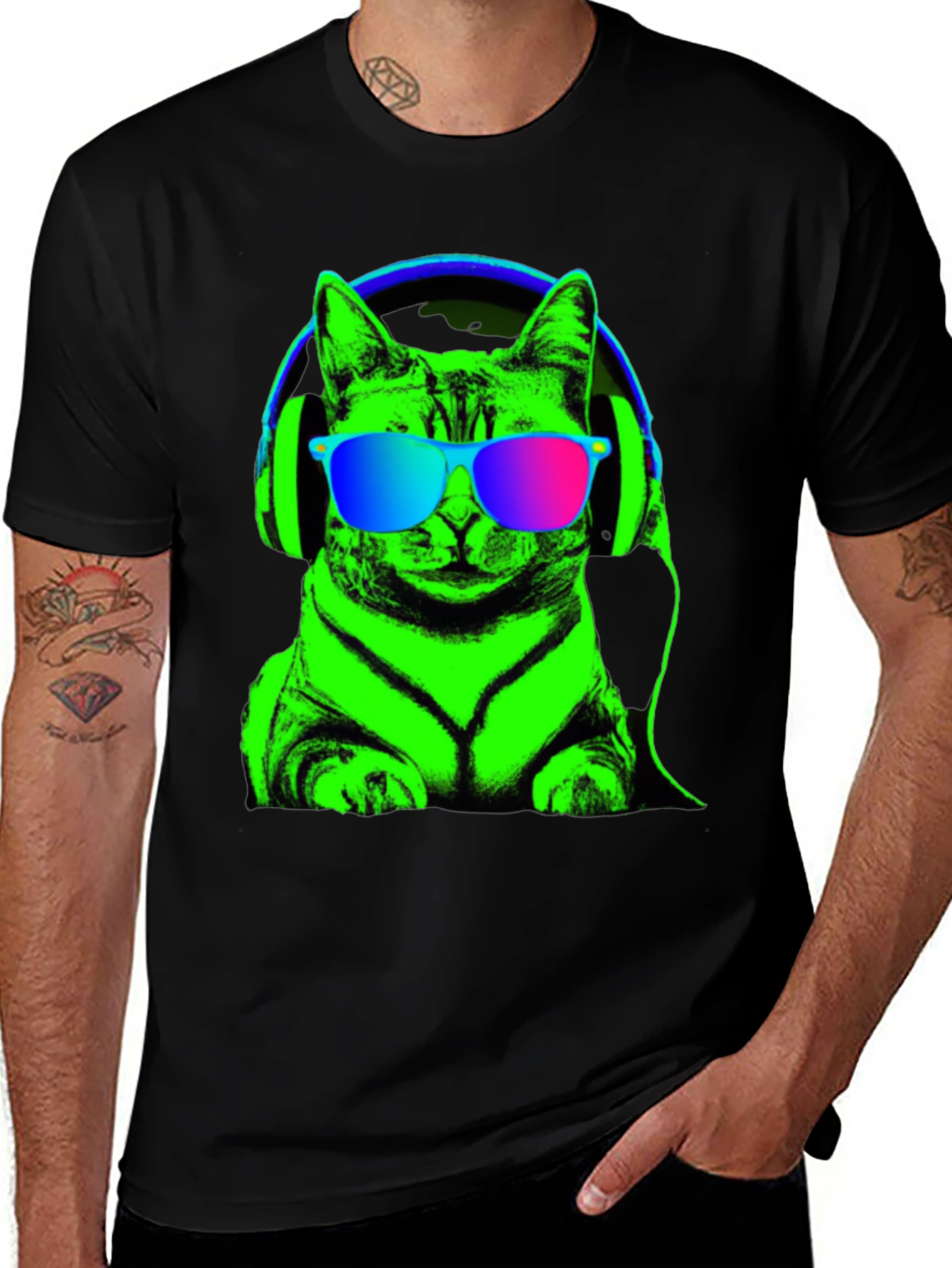 Cool Cat Tee: Neon Cat with Headphones T-Shirt