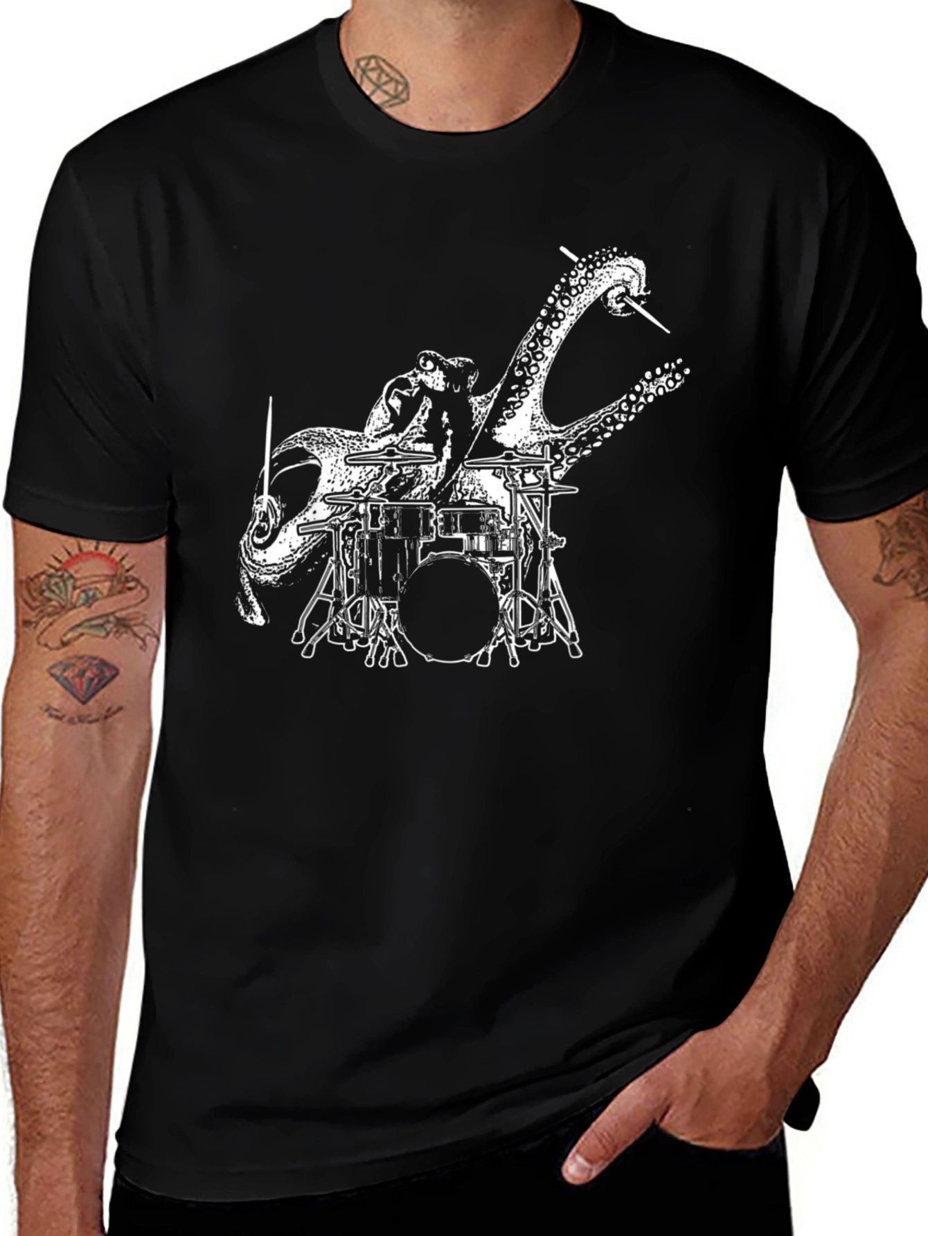 Octopus Drummer Graphic T-Shirt - Black