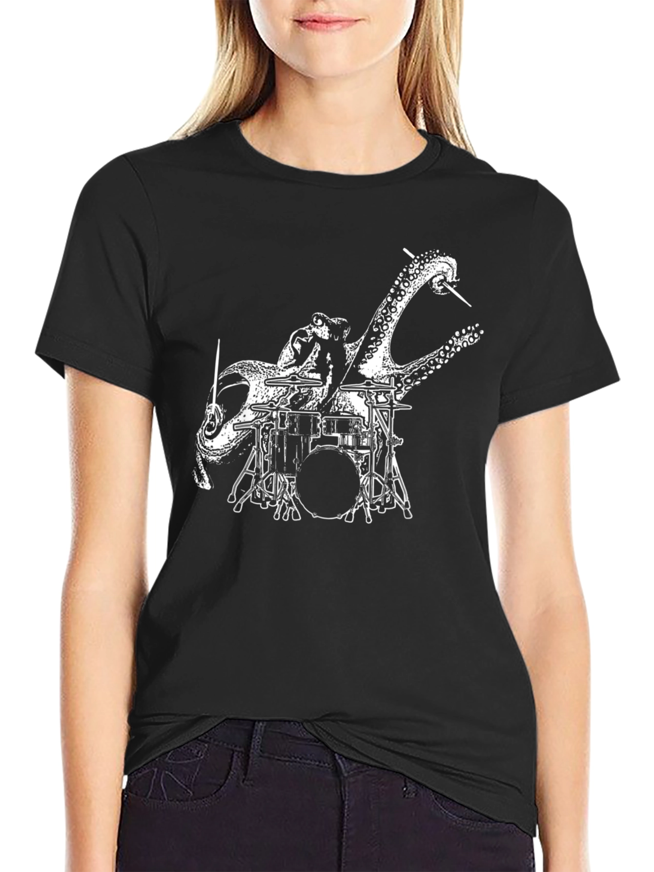 Octopus Drummer Graphic T-Shirt - Black