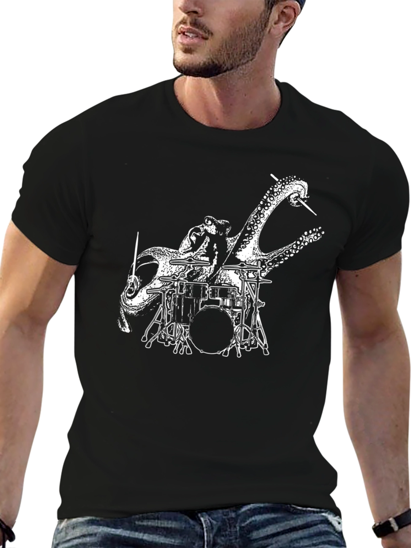 Octopus Drummer Graphic T-Shirt - Black
