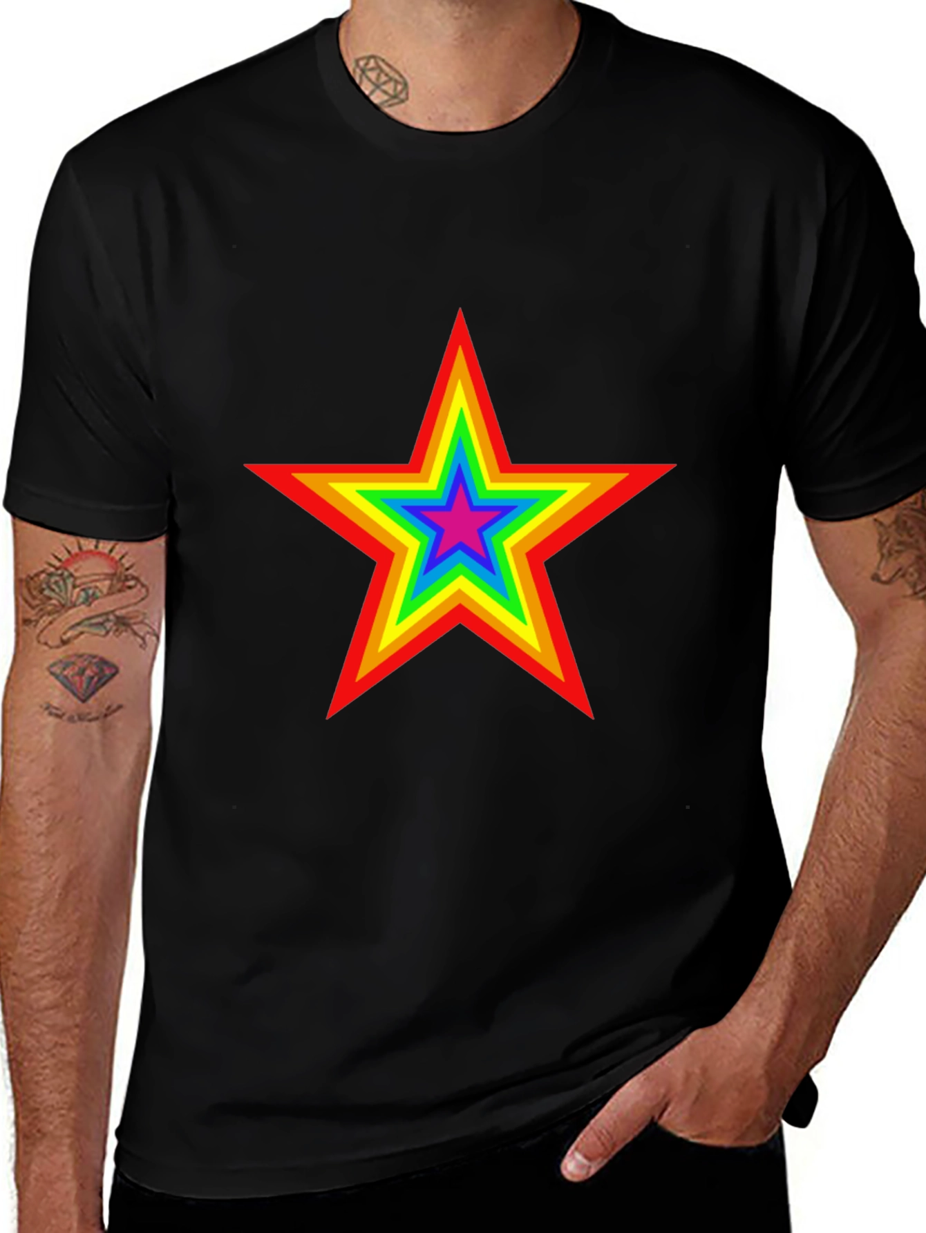 Rainbow Star Graphic Tee - Black Cotton T-Shirt