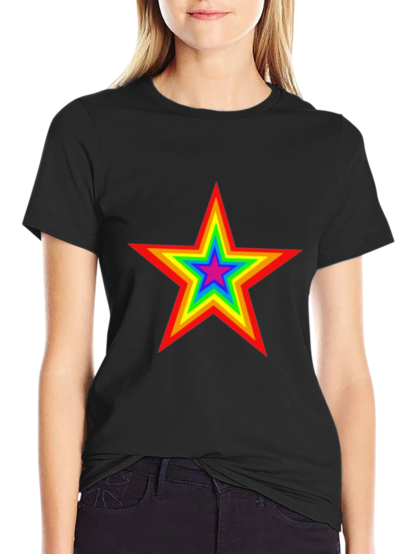 Rainbow Star Graphic Tee - Black Cotton T-Shirt