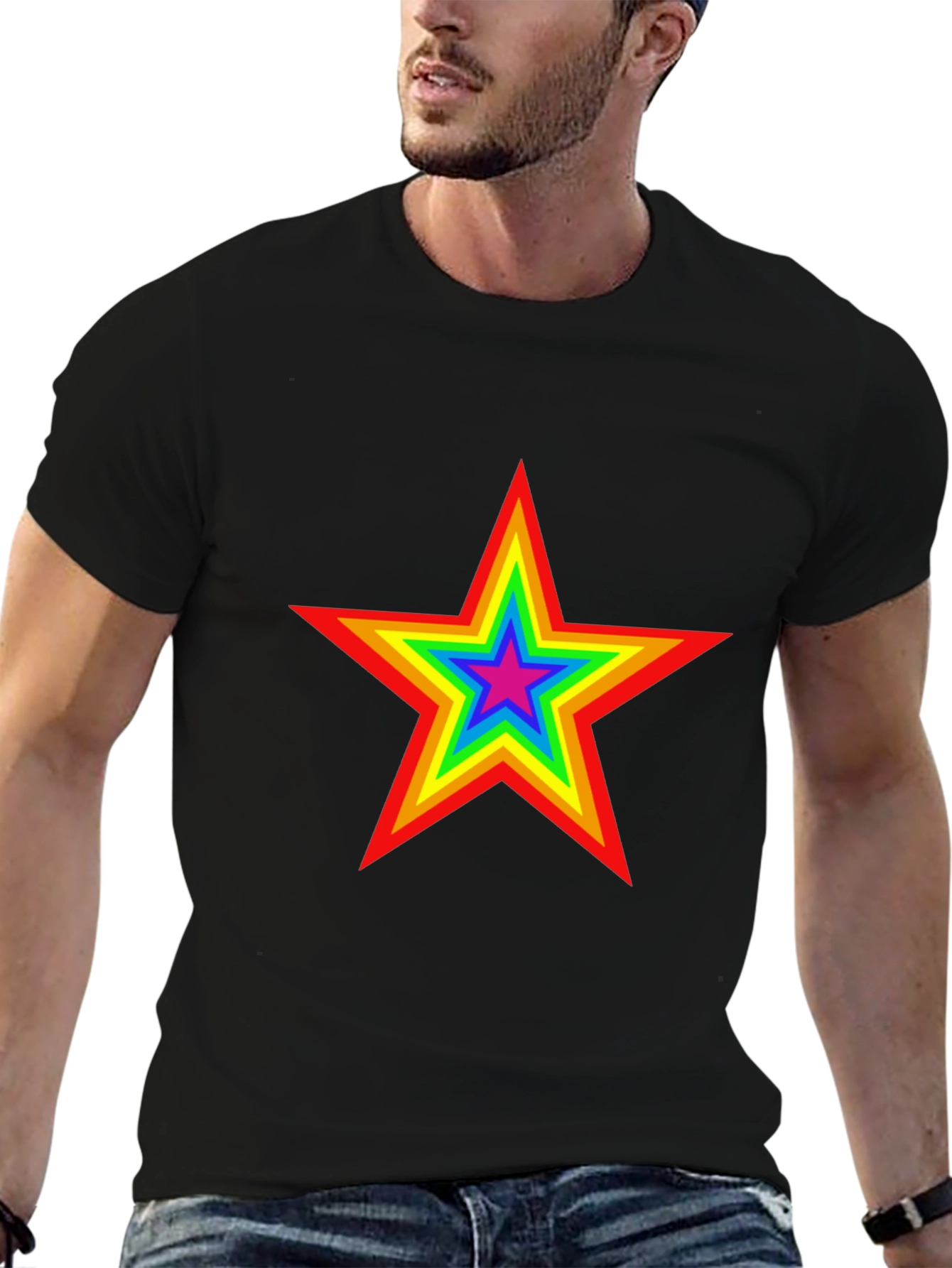 Rainbow Star Graphic Tee - Black Cotton T-Shirt