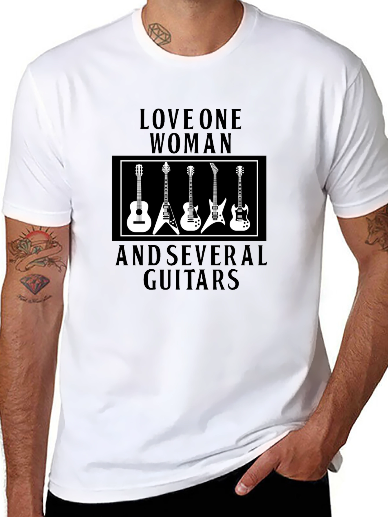 Love One Woman and Several Guitars Black T-Shirt