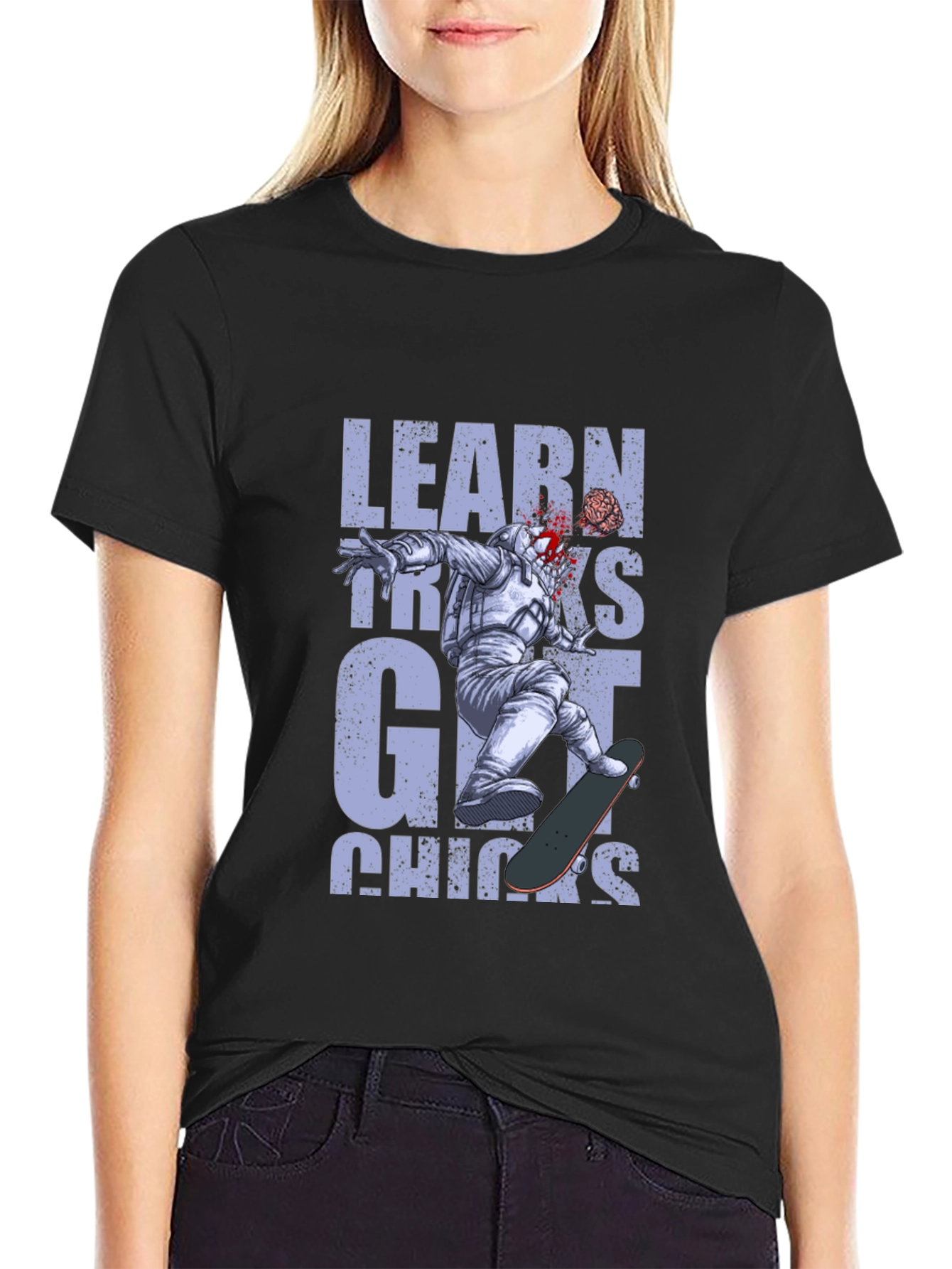 Learn Tricks Get Chicks Graphic Tee - Astronaut Skateboard