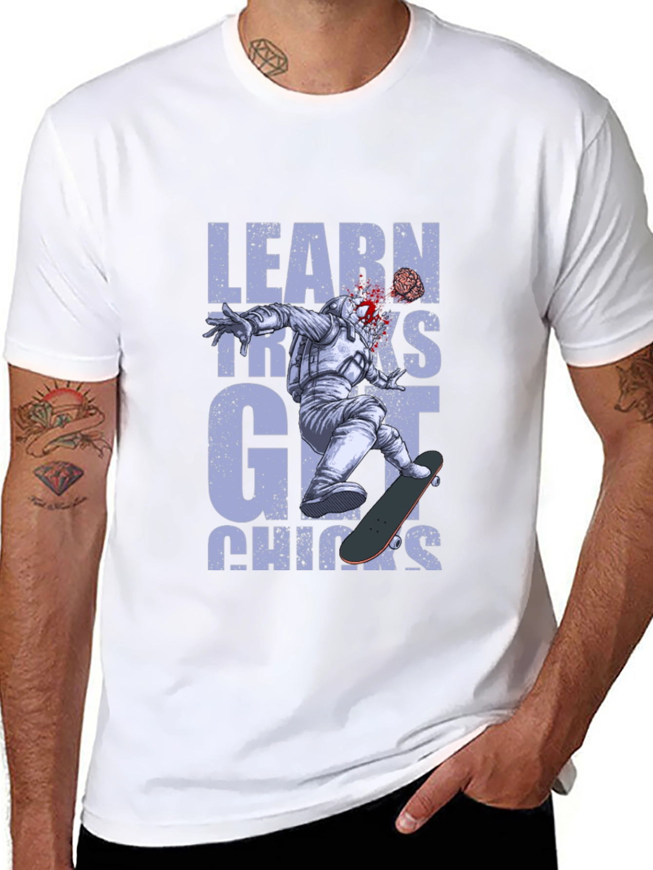 Learn Tricks Get Chicks Graphic Tee - Astronaut Skateboard