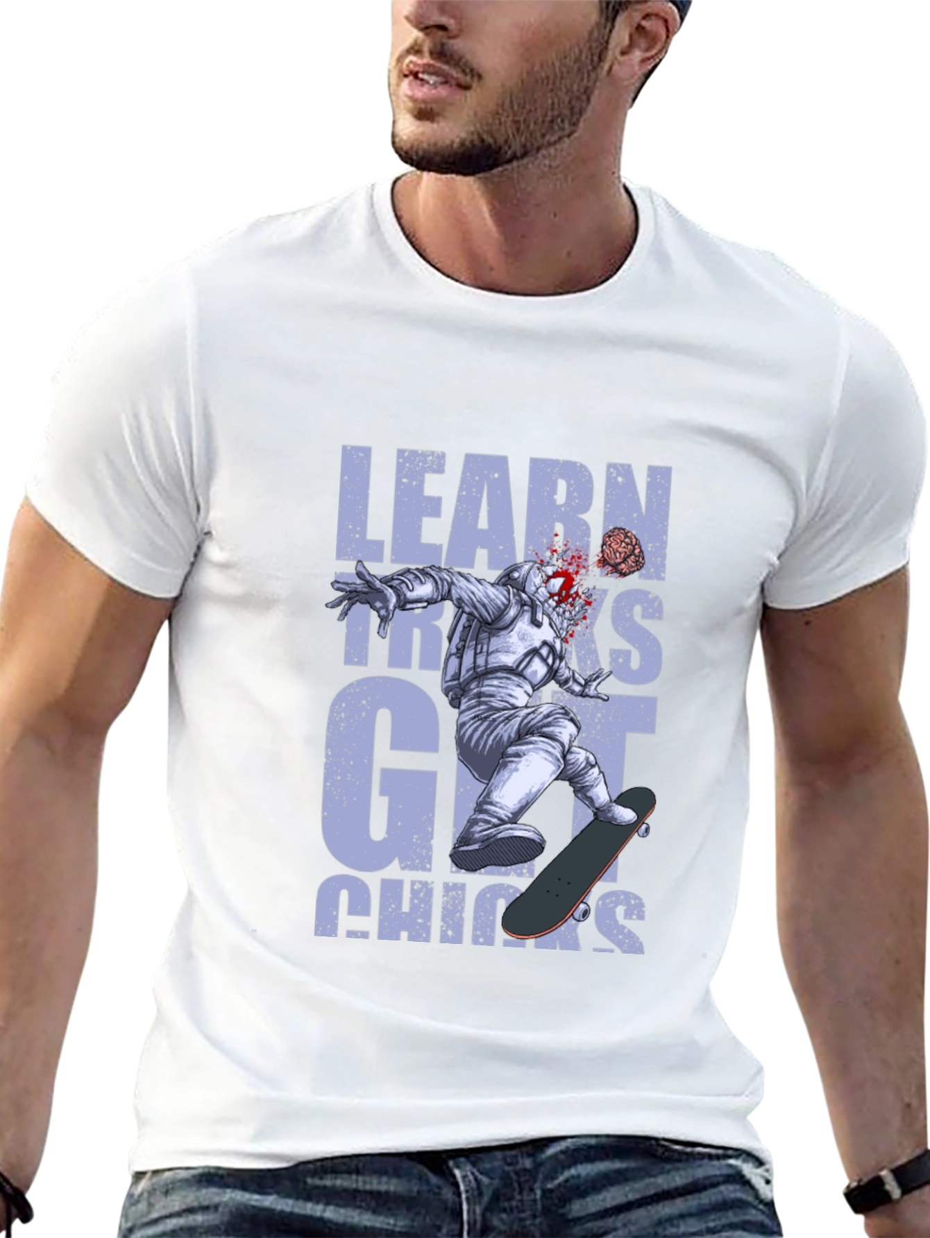 Learn Tricks Get Chicks Graphic Tee - Astronaut Skateboard