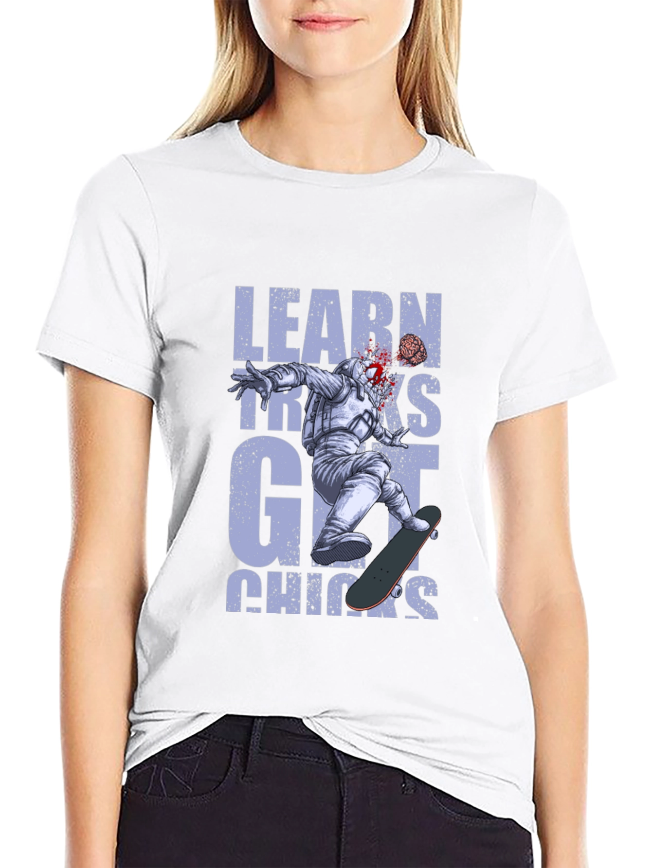 Learn Tricks Get Chicks Graphic Tee - Astronaut Skateboard