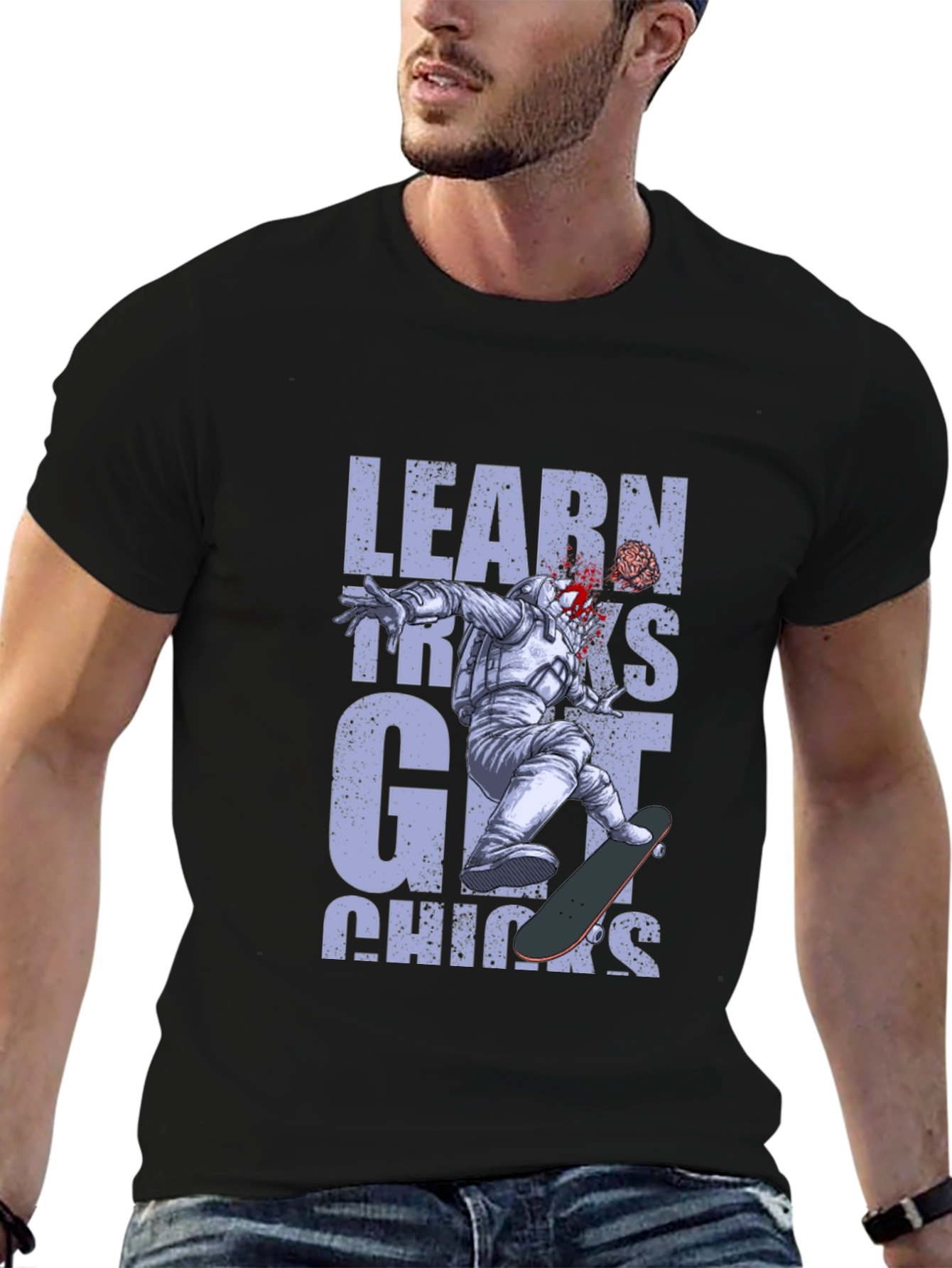 Learn Tricks Get Chicks Graphic Tee - Astronaut Skateboard
