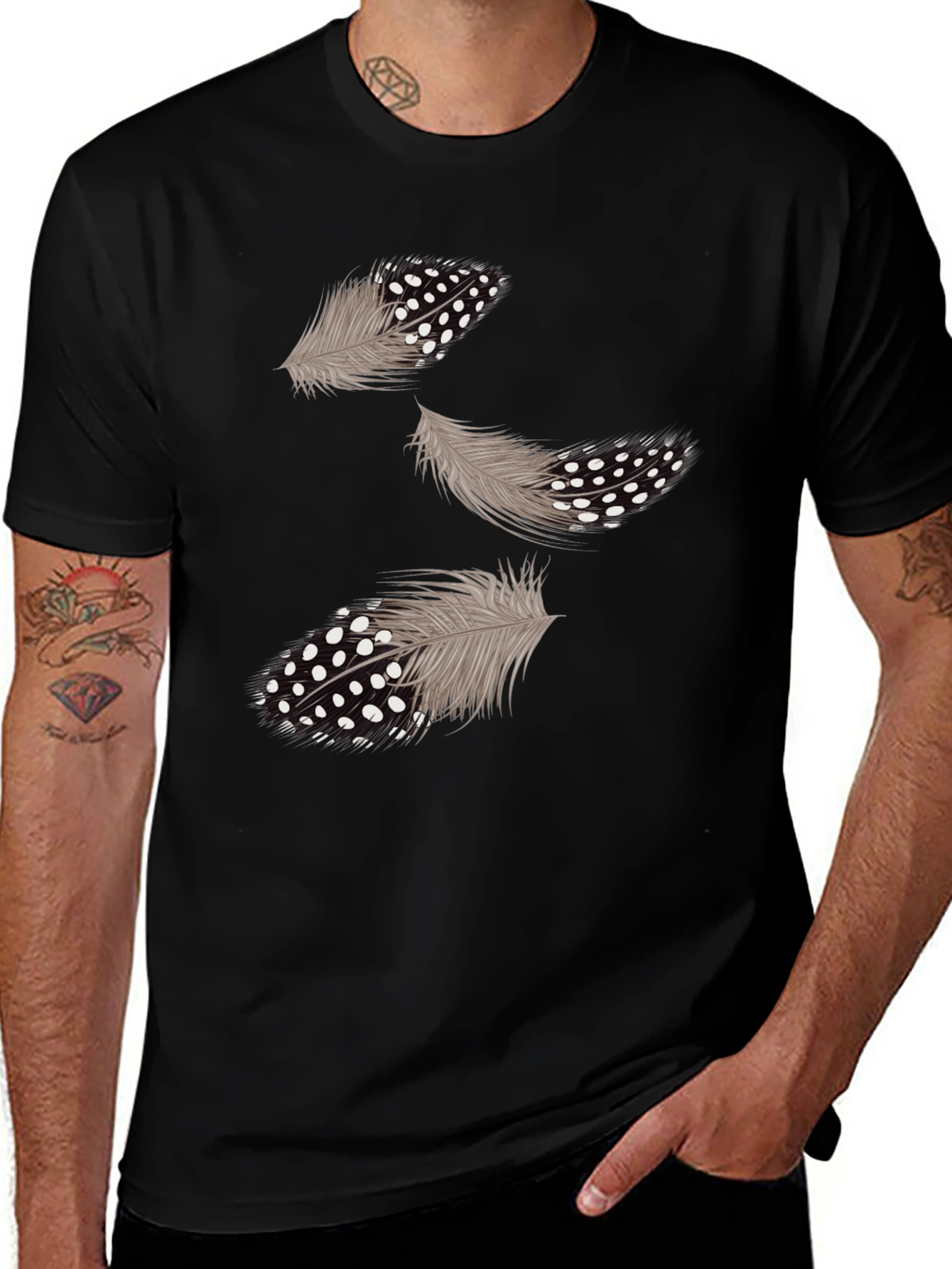 Feather Print Black Casual T-Shirt
